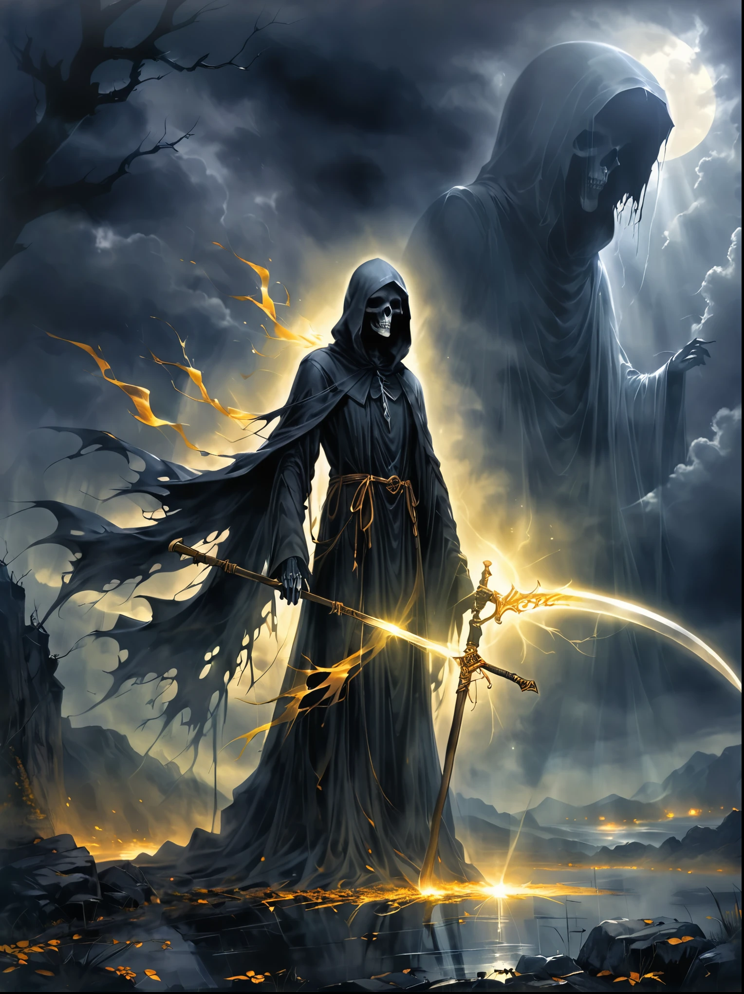 An imposing hooded figure shrouded in darkness, representing the Grim Reaper, stands tall on a dramatic landscape under a gloomy sky. In one skeletal hand, they hold a scythe, the curved blade shining with an eerie light, With its other hand, the figure appears to perform a peculiar act - it is reaching into its cloak, pulling out a radiant, ethereal form - a shimmering soul, The landscape is lit only by the spectral glow of this soul, casting dramatic shadows, The two halves of the soul are splitting apart, symbolizing soul separation.