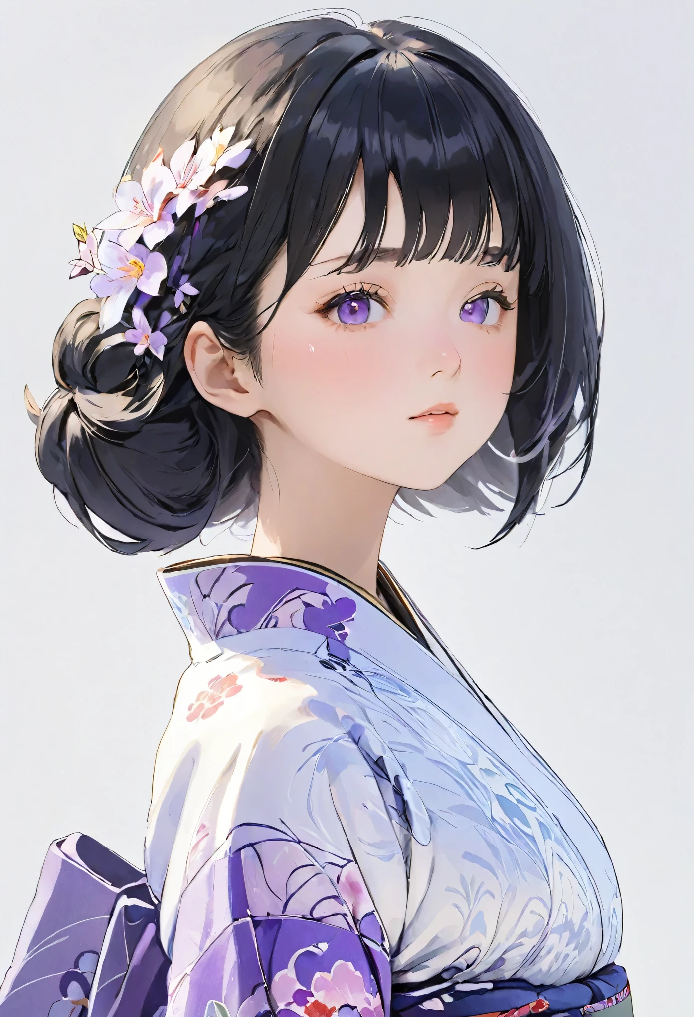 (((White world、White Background)))、born、Real stick、Realistic、Very cute woman、Perfect beauty、Natural look、No makeup、Plump fat beautiful black hair、yamato nadeshiko、Beautiful light purple kimono、Nishijin-ori kimono、Very delicate kimono pattern、Beautiful angle、Graceful pose、White Background、Background white、Focus on the face、Upper body angle、highest quality、High resolution、masterpiece:1.Portraiture、８ｋ、50ｍｍlens、Perfect lighting、Professional Photographer