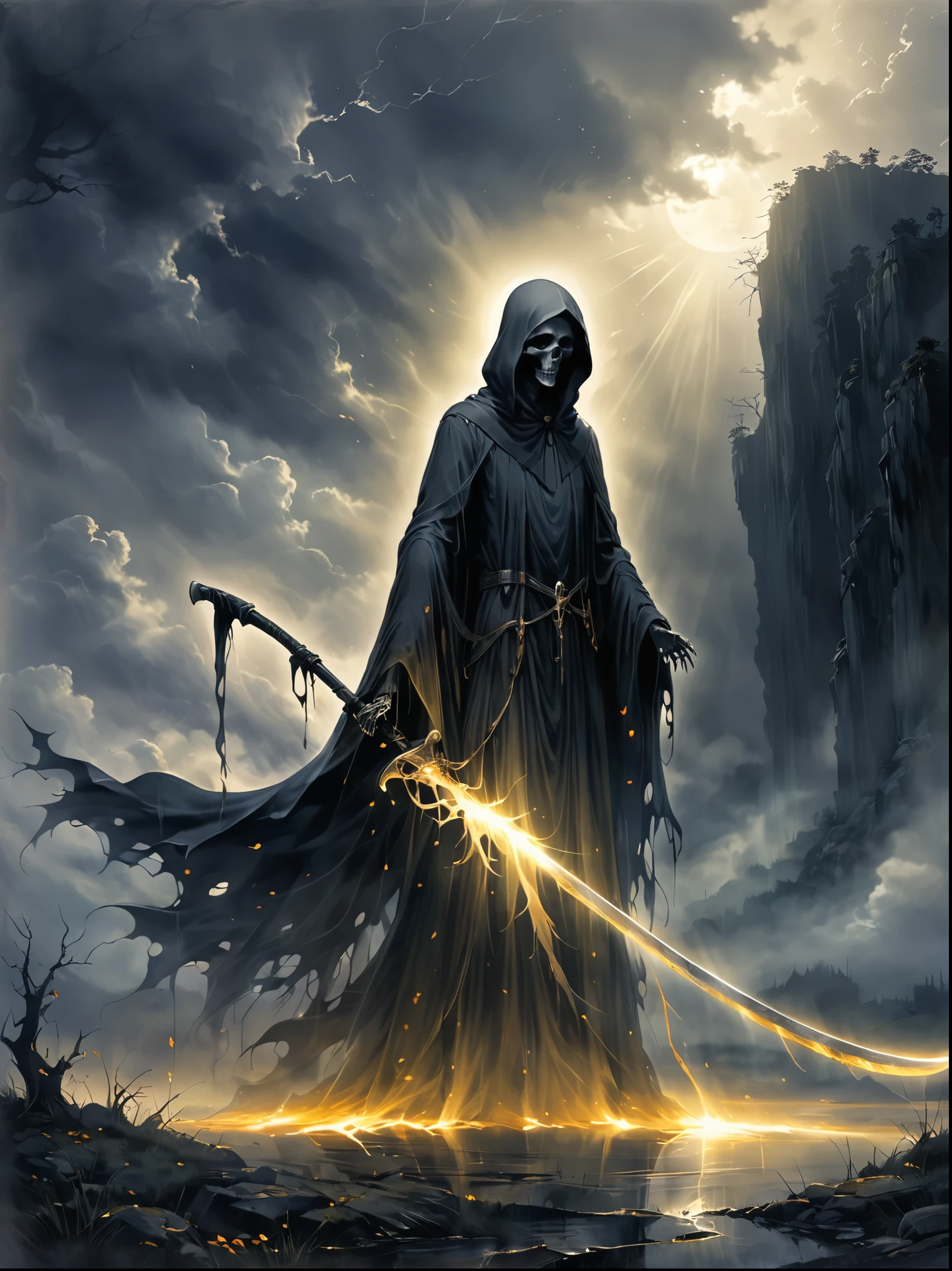 An imposing hooded figure shrouded in darkness, representing the Grim Reaper, stands tall on a dramatic landscape under a gloomy sky. In one skeletal hand, they hold a scythe, the curved blade shining with an eerie light, With its other hand, the figure appears to perform a peculiar act - it is reaching into its cloak, pulling out a radiant, ethereal form - a shimmering soul, The landscape is lit only by the spectral glow of this soul, casting dramatic shadows, The two halves of the soul are splitting apart, symbolizing soul separation.