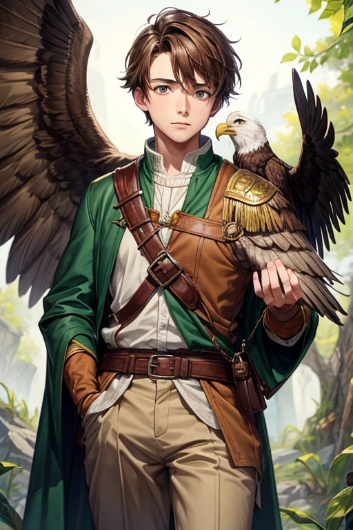 young boy with brown hair in green medieval clothing with brown pants with an eagle perched on his shoulder