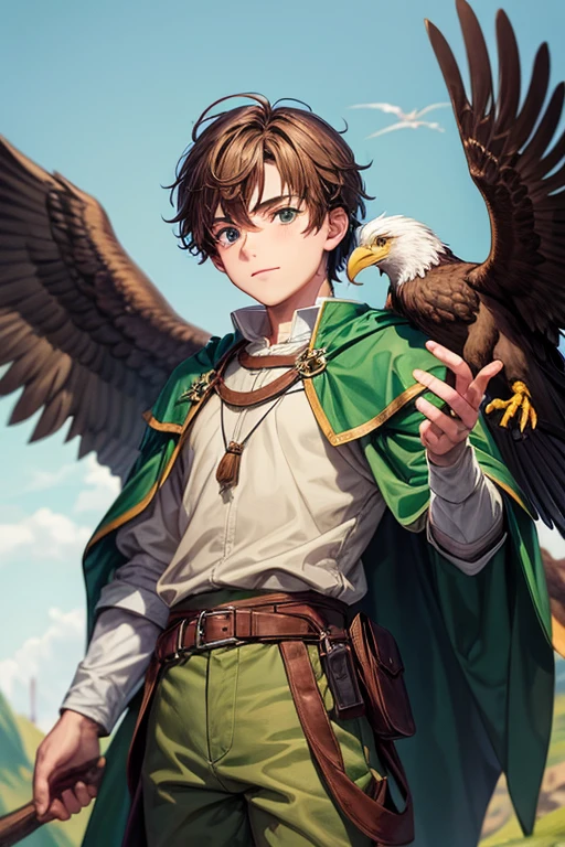 young boy with brown hair in green medieval clothing with brown pants with an eagle perched on his shoulder