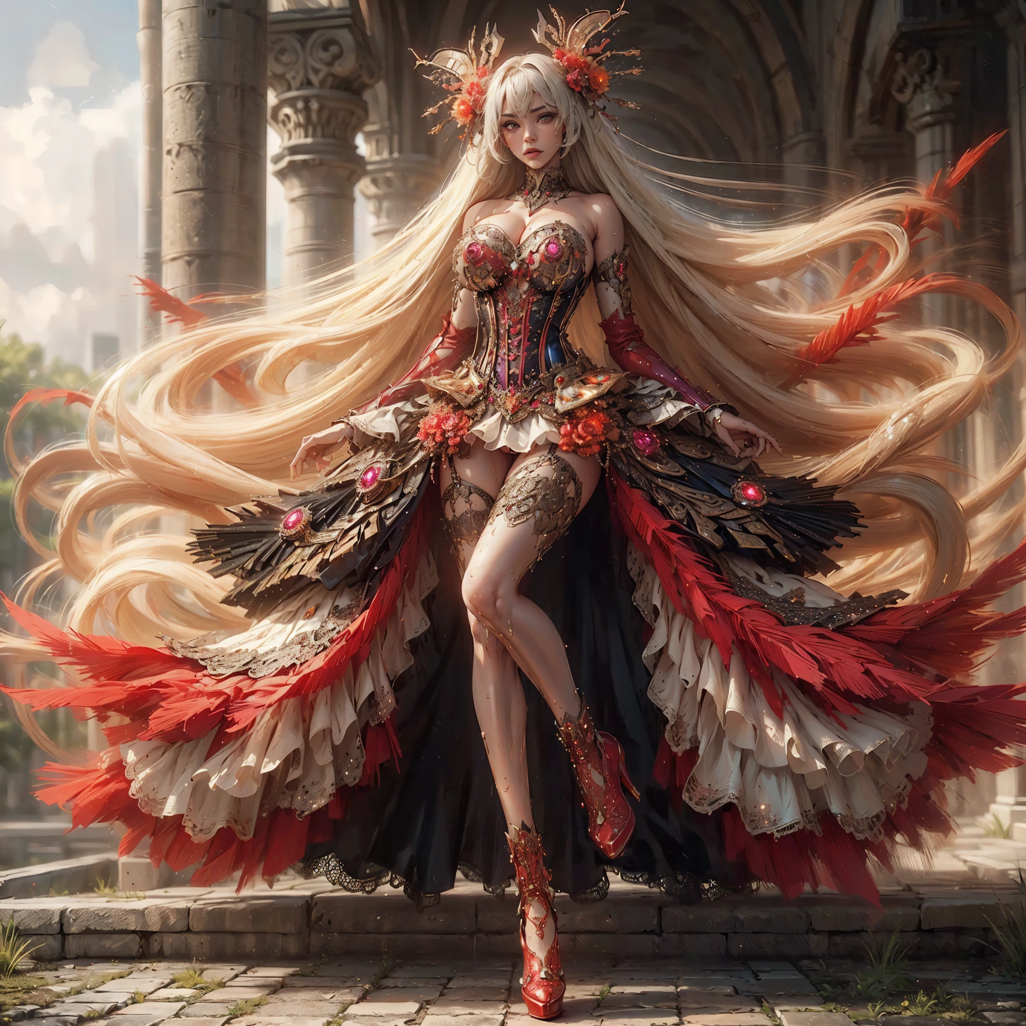 An asian woman with loose hair, gigantic breast, standing on the stairs in the middle of a magical atmosphere, with a predominantly blue and red costume, a strapless armor steel corset-style dress decorated with bright purple jewels, a short tutu skirt, black thigh-high stockings with lace tops and ornaments purple jewels, white high heels with gold decoration, grand staircase background under mysterious sky full of stars and celestial bodies, crystal detailed, hyper realistic, hyper detail Transparent clothing, Detailed gemstones, masterpiece, best quality:1.2),,(8k,highres,RAW photo,realistic,photo-realistic:1.3),(detailed skin texture,detailed cloth texture, beautiful detailed face:1.25),professional lighting,photon mapping,beautiful soft light,radiosity,physically-based rendering,raytracing, model shoot style, model shoot style, (extremely detailed CG unity 8k wallpaper), full shot body photo of the most beautiful artwork in the world (NSFW), (Nude), (Naked), (Nipple) (pussy) (wet pussy) (pussy creampie) (wet body) (wet dress) (wet clothing)  (rain effect) 