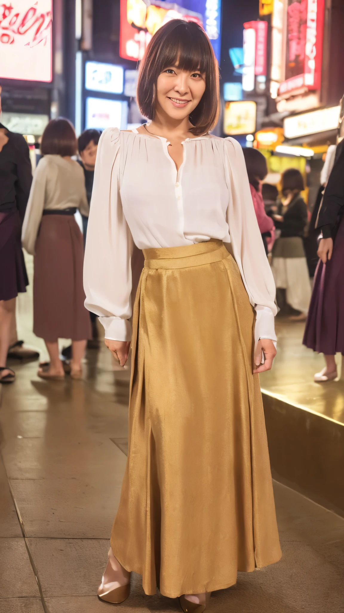 ((Top Quality)), ((8K)), ((Masterpiece: 1.3)), (Perfect Appearance), (Photorealism: 1.6), (Japanese Woman Walking in the Alley at the End of the Market), (Shinjuku Golden at Night City: 1.4), (Bar area: 1.2), (Precise background), Japanese mature woman, (60 years old), (Japanese mature woman with flexible movements1.2), ((upright, front, center of screen)), ((realistic skin texture)), (fine wrinkles throughout the skin), (dullness of the skin), (moisture ( Wrinkles on the face), (wrinkles at the corners of the eyes), double eyelids, tear bags on the lower eyelids, eyes turned towards you, a smile with the corners of the mouth raised wide, short bangs, straight medium hair, long hair, hair blowing in the wind, (Stylish blouse and long skirt made of soft fabric: 1.4), (long skirts), (full body portrait: 1.4),