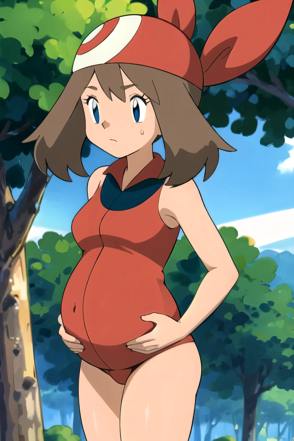 masterpiece, best quality, highres, outdoors, 1girl, solo, may (pokemon), bandana, red shirt, bare shoulders, pregnant, embarazada, vientre de embarazo, barriga de embarazada. Bikini, microbikini, micro bikini, bikini rojo, embarazada, barriga de embarazada, sonrisa, sonrisa timida, mirada tranquila. 