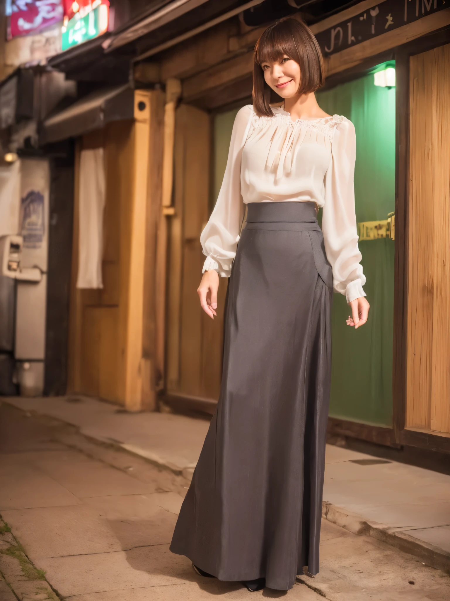 ((Top Quality)), ((8K)), ((Masterpiece: 1.3)), (Perfect Appearance), (Photorealism: 1.6), (Japanese Woman Walking in the Alley at the End of the Market), (Shinjuku Golden at Night City: 1.4), (Bar area: 1.2), (Precise background), Japanese mature woman, (60 years old), (Japanese mature woman with flexible movements1.2), ((upright, front, center of screen)), ((realistic skin texture)), (fine wrinkles throughout the skin), (dullness of the skin), (moisture ( Wrinkles on the face), (wrinkles at the corners of the eyes), double eyelids, tear bags on the lower eyelids, eyes turned towards you, a smile with the corners of the mouth raised wide, short bangs, straight medium hair, long hair, hair blowing in the wind, (Stylish blouse and long skirt made of soft fabric: 1.4), (long skirts), (full body portrait: 1.4),