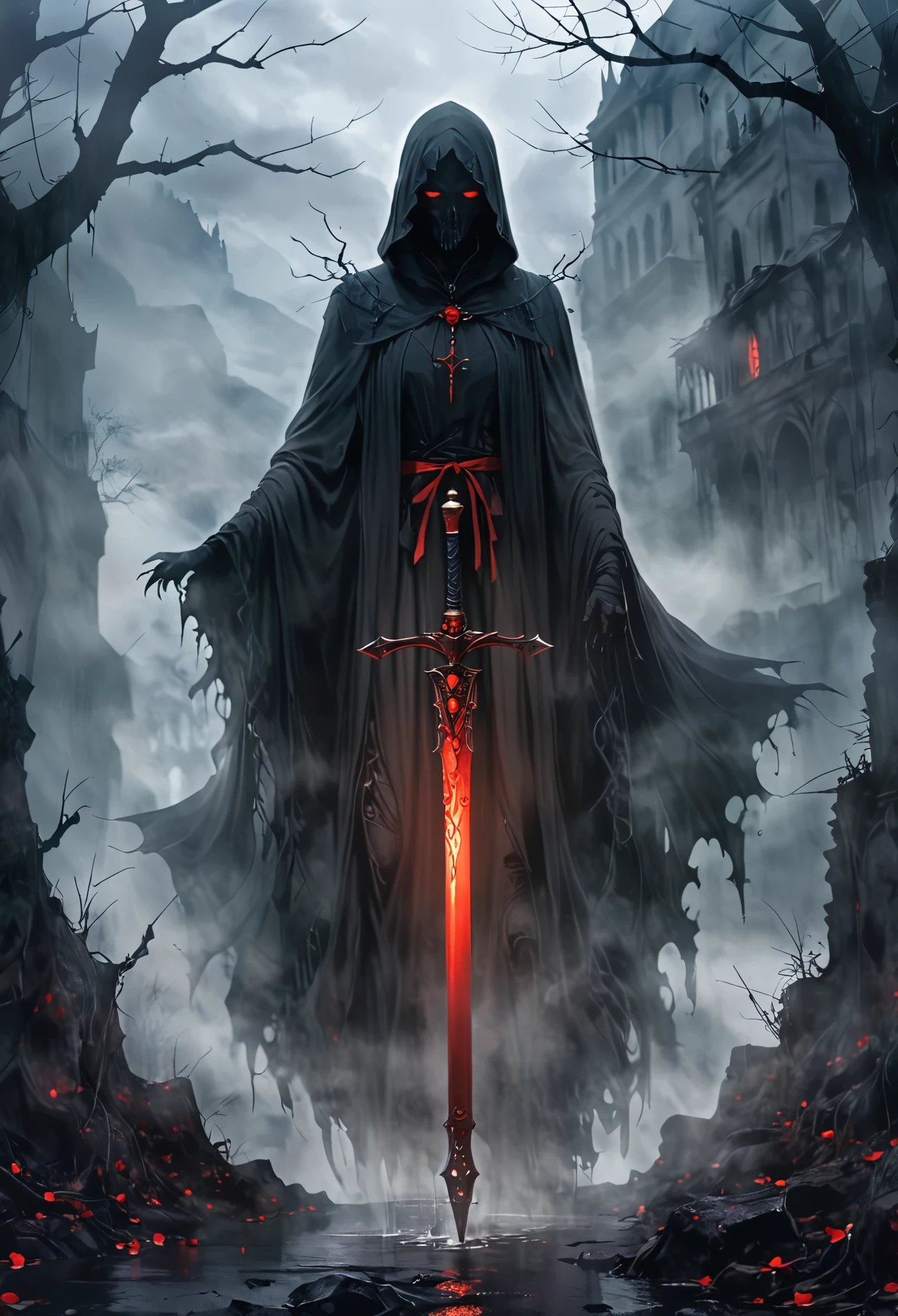 Imagine a unique character shrouded in a flowing, dark cloak. They brandish an intimidating weapon, a bladed staff with a haunting crimson glow. This weapon seems to consume the life essence of its victims, leaving a cold, lifeless husk in its wake. The setting is a bleak, gothic realm cloaked in darkness and defined by an unworldly architecture. Mist pervades the lands, adding a sense of eerie desolation to the landscape. In this world, our mysterious character is on a seemingly endless quest for vengeance.