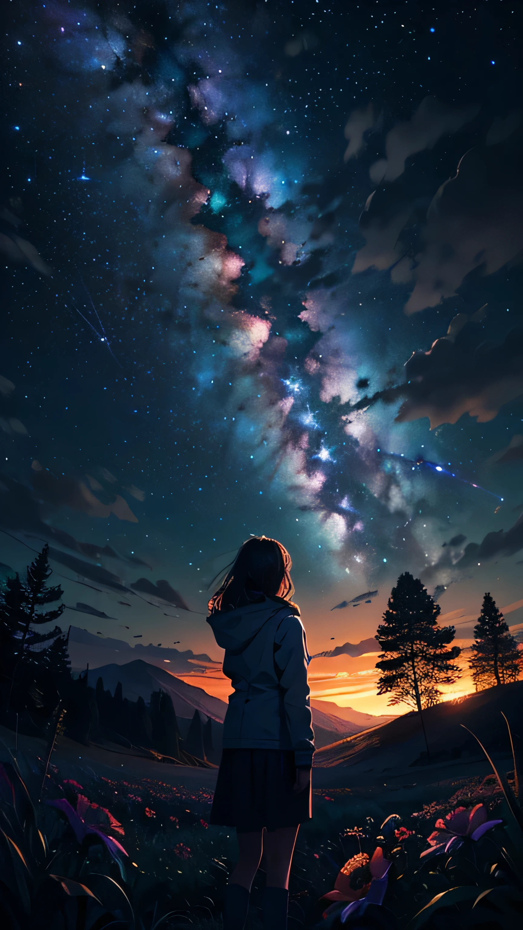 expansive landscape photograph , (a view from below that shows sky above and open field below), a girl standing on flower field looking up, (full moon:1.2), ( shooting stars:0.9), (nebula:1.3), distant mountain, tree BREAK
production art, (warm light source:1.2), (Firefly:1.2), lamp, lot of purple and orange, intricate details, volumetric lighting BREAK
(masterpiece:1.2), (best quality), 4k, ultra-detailed, (dynamic composition:1.4), highly detailed, colorful details,( iridescent colors:1.2), (glowing lighting, atmospheric lighting), dreamy, magical, (solo:1.2)