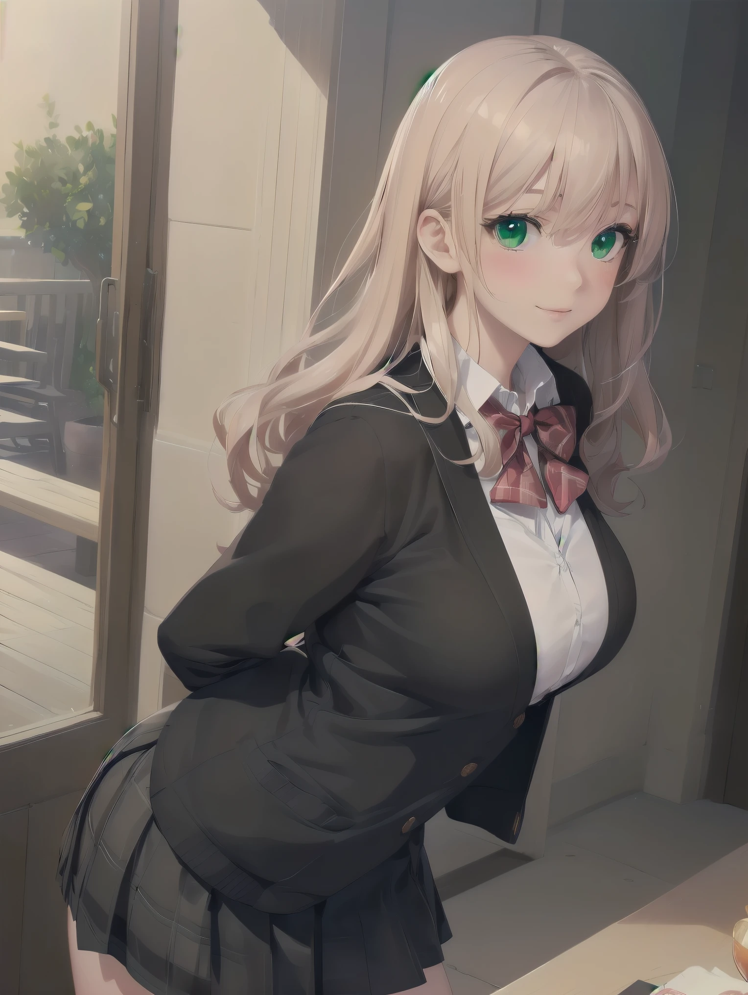 ((Tabletop, highest quality, High resolution, Perfect Pixel, Depth of written boundary, 4K))), One Girl, single, alone, Beautiful Anime Girls, Beautiful art style, Anime characters, ((Long Hair, bangs, Dark brown hair, Curly Hair:0.8)), ((Green Eyes:1.4, Fine grain, Beautiful Eyes, Perfect Eyes,Curled eyelashes, Realistic eyes)), ((Detailed face, Blushing:1.2)), ((Smooth texture:0.75, Realistic texture:0.5, Anime CG Style)), Huge breasts filled with a lot of fat, Dynamic Angle, Big Breasts, Perfect body, Dynamic pose, ((Red bow tie, , Black jacket, Open jacket, Brown cardigan, White shirt, Black Skirt, Checked skirt)), smile, Open your mouth, Put your arms behind your back, Leaning forward, Amalment Park
