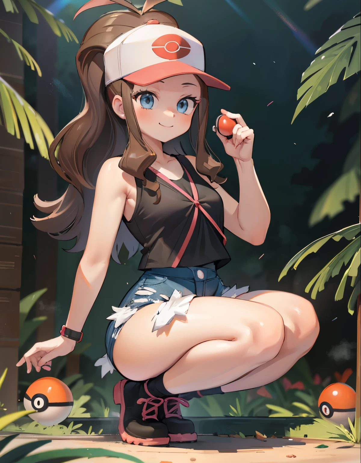 (best quality, highres, masterpiece:1.2), ultra-detailed, realistic:1.37, sketches, hilda pokemon, def1, teenage girl, full body, curvy, visible thighs, chubby thighs, thick thighs, thighs in the foreground, body shape,  in some Mayan ruins, tropical setting, lost civilization, tocando su cuerpo, curious look, pokeballs, smile, encanto femenino, downblouse, nsfw