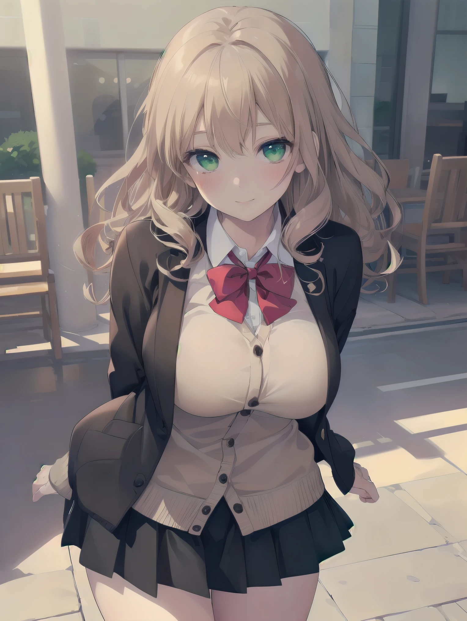 ((Tabletop, highest quality, High resolution, Perfect Pixel, Depth of written boundary, 4K))), One Girl, single, alone, Beautiful Anime Girls, Beautiful art style, Anime characters, ((Long Hair, bangs, Dark brown hair, Curly Hair:0.8)), ((Green Eyes:1.4, Fine grain, Beautiful Eyes, Perfect Eyes,Curled eyelashes, Realistic eyes)), ((Detailed face, Blushing:1.2)), ((Smooth texture:0.75, Realistic texture:0.5, Anime CG Style)), Huge breasts filled with a lot of fat, Dynamic Angle, Big Breasts, Perfect body, Dynamic pose, ((Red bow tie, , Black jacket, Open jacket, Brown cardigan, White shirt, Black Skirt, Checked skirt)), smile, Open your mouth, Put your arms behind your back, Leaning forward, Amalment Park