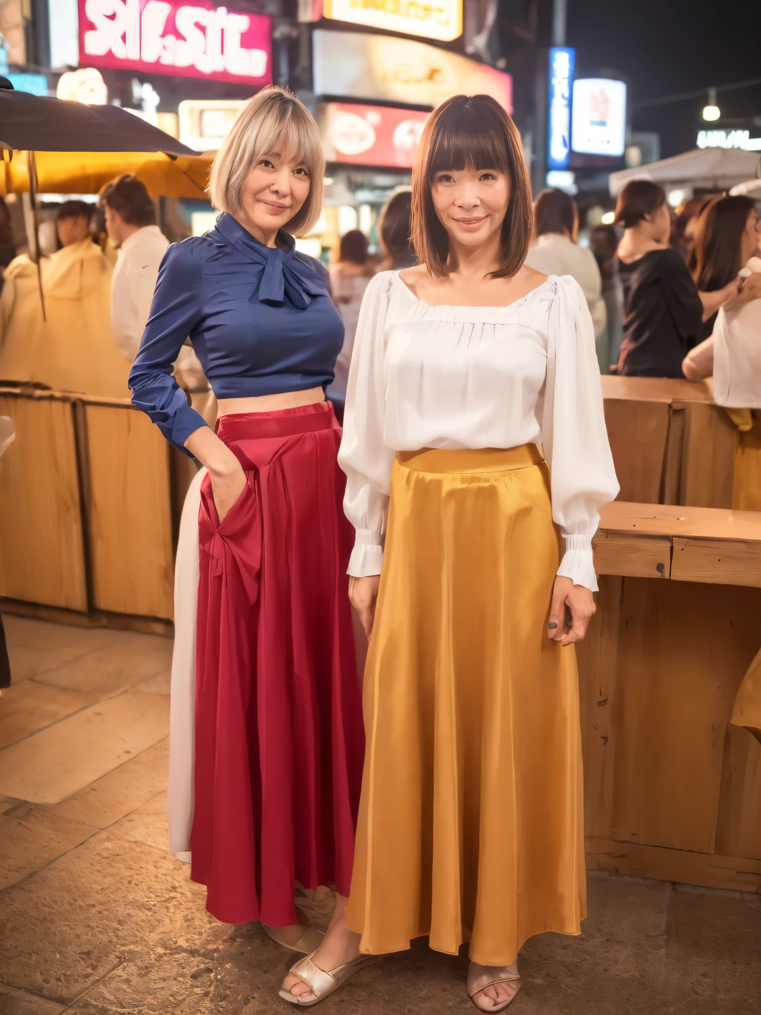 ((Top Quality)), ((8K)), ((Masterpiece: 1.3)), (Perfect Appearance), (Photorealism: 1.6), (Japanese Woman Walking in the Alley at the End of the Market), (Shinjuku Golden at Night City: 1.4), (Bar area: 1.2), (Precise background), Japanese mature woman, (60 years old), (Japanese mature woman with flexible movements1.2), ((upright, front, center of screen)), ((realistic skin texture)), (fine wrinkles throughout the skin), (dullness of the skin), (moisture ( Wrinkles on the face), (wrinkles at the corners of the eyes), double eyelids, tear bags on the lower eyelids, eyes turned towards you, a smile with the corners of the mouth raised wide, short bangs, straight medium hair, long hair, hair blowing in the wind, (Stylish blouse and long skirt made of soft fabric: 1.4), (long skirts), (full body portrait: 1.4),