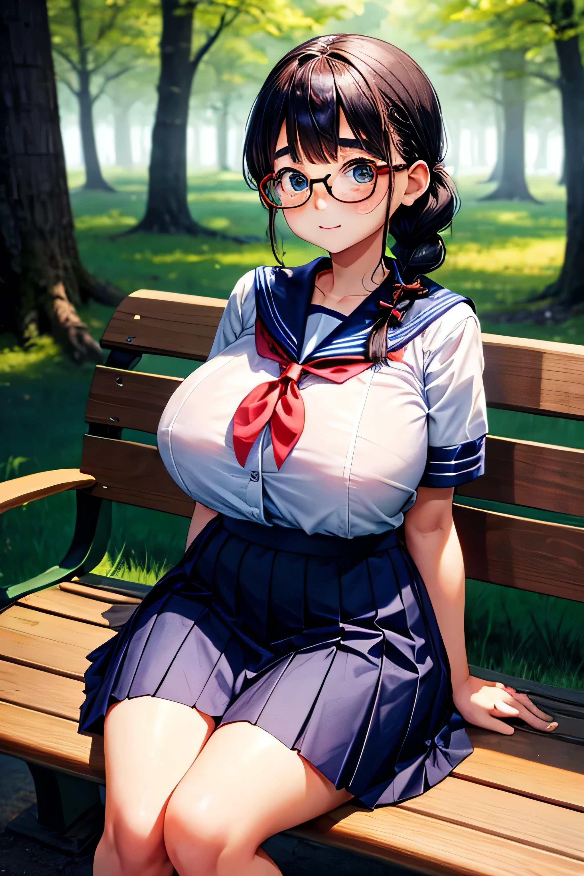 Time: Morning、The location is in the woods in the Japanese countryside.、Adorable school girl sitting on a bench, singe braid hair、glasses, freckles, Black Hair、Thick eyebrows、huge breasted body、Navy blue sailor suit、(navy long skirt)、Short sleeve、shy,