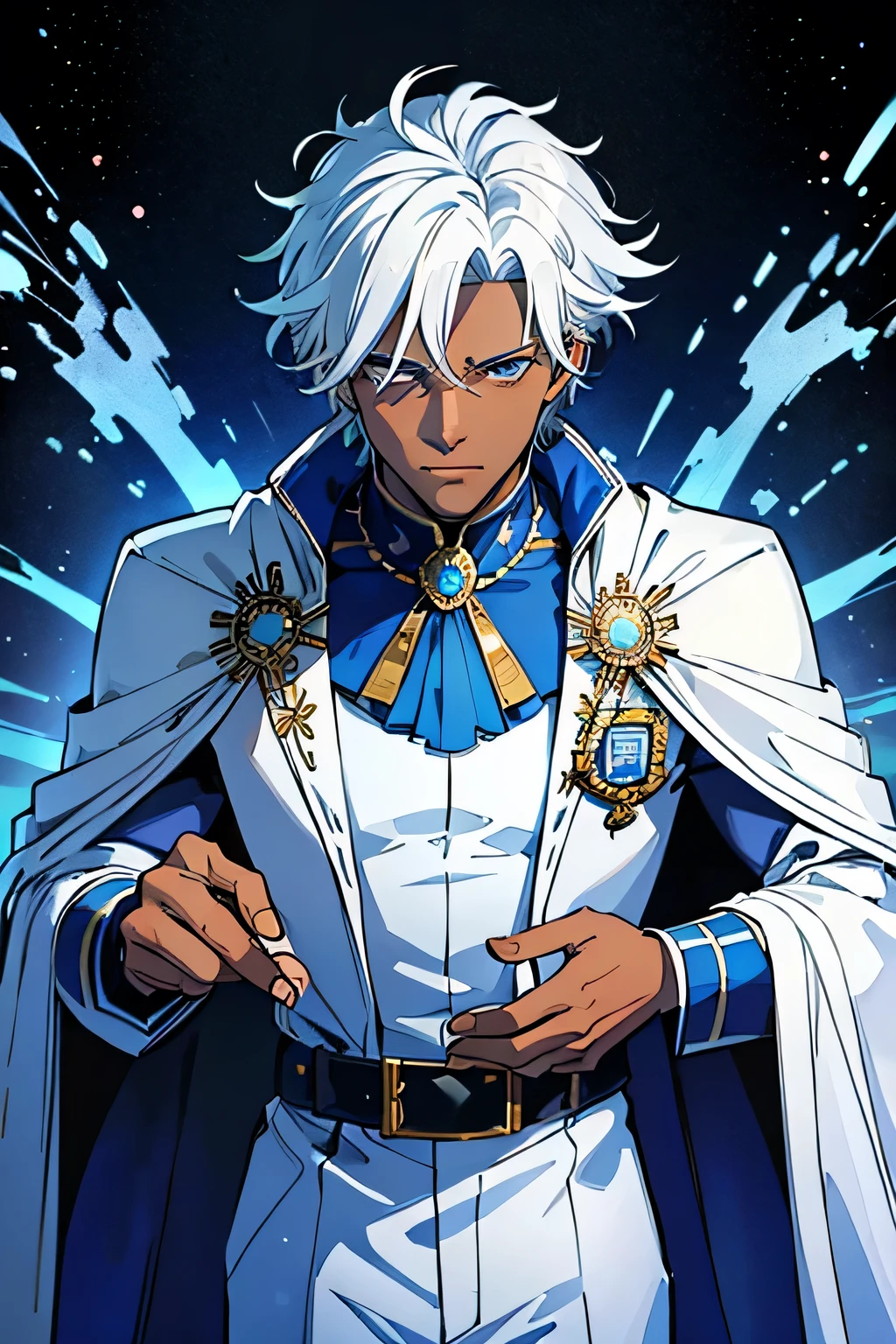 high quality, best quality, masterpiece, dark skinned king. white hair, blue suit and cape, silver crown