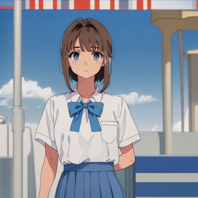 1girl, solo, standing upright, (hands down), ((from front:2)), medium brown hair, closed mouth, small breasts, flat chest, arms behind back, white shirt, sea-blue skirt, blue pleated skirt, beach,