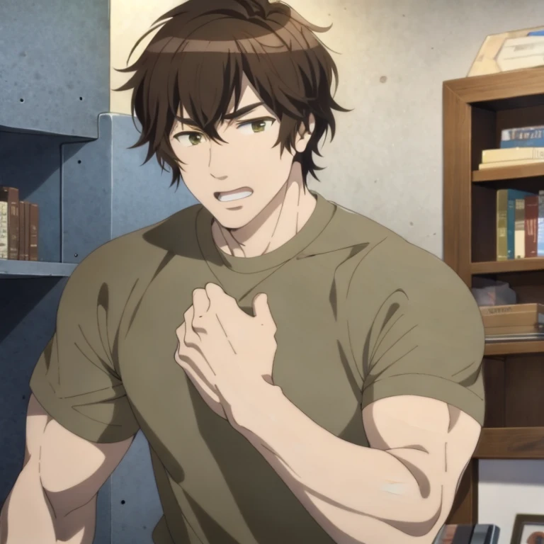 (masterpiece, best quality:1.2), 1boy, solo, handsome, brown hair, short hair, olive color eyes, muscular, muscular male, gray sweatshirt