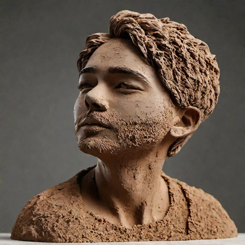 (masterpiece, best quality:1.2), ultra light clay, terracotta clay art: 1.37, soil, clay, rough knit texture, old, dirty, mineral pigments, 3D clay clay art, clay, rough surface, (1boy,solo, gaze, exaggerated figure, whole body) Rough surface and texture