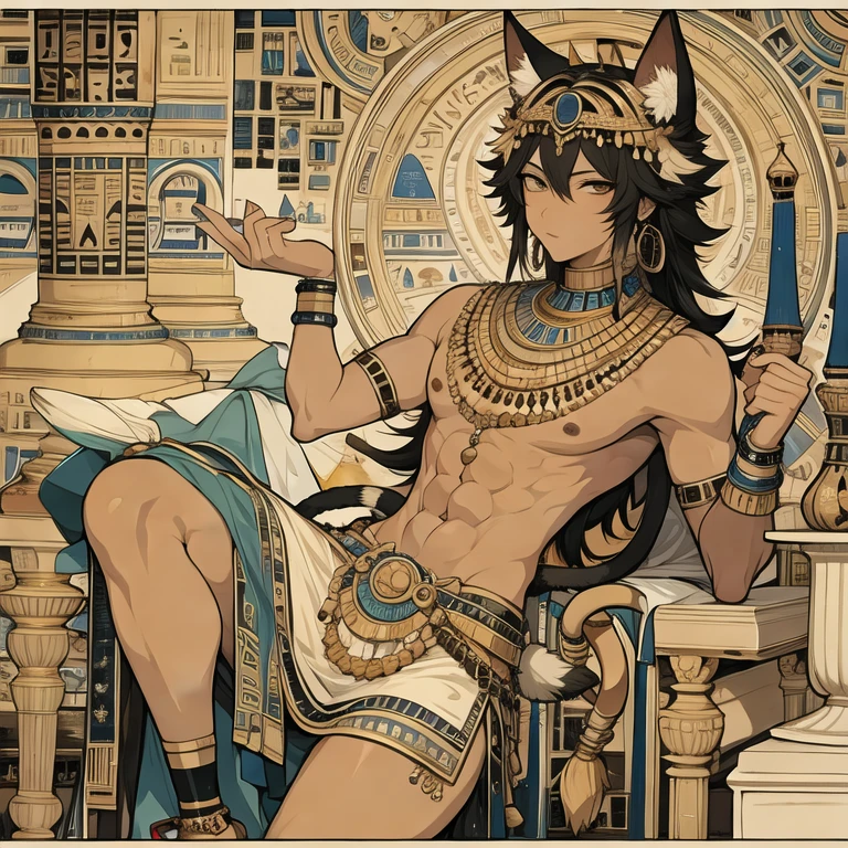 (masterpiece, best quality:1.2), 1boy, solo,mural,Egyptian Style,Vintage color,Cool gray tone,full-size photograph,Animal characteristics,cat's ear,tail,Dark tone art style