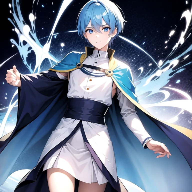 (masterpiece, best quality:1.2), 1boy, solo focus, sky blue hair, sky blue eyes, hair between eyes, looking at viewer, eyelashes, expressionless, short hair, wear wizard robe