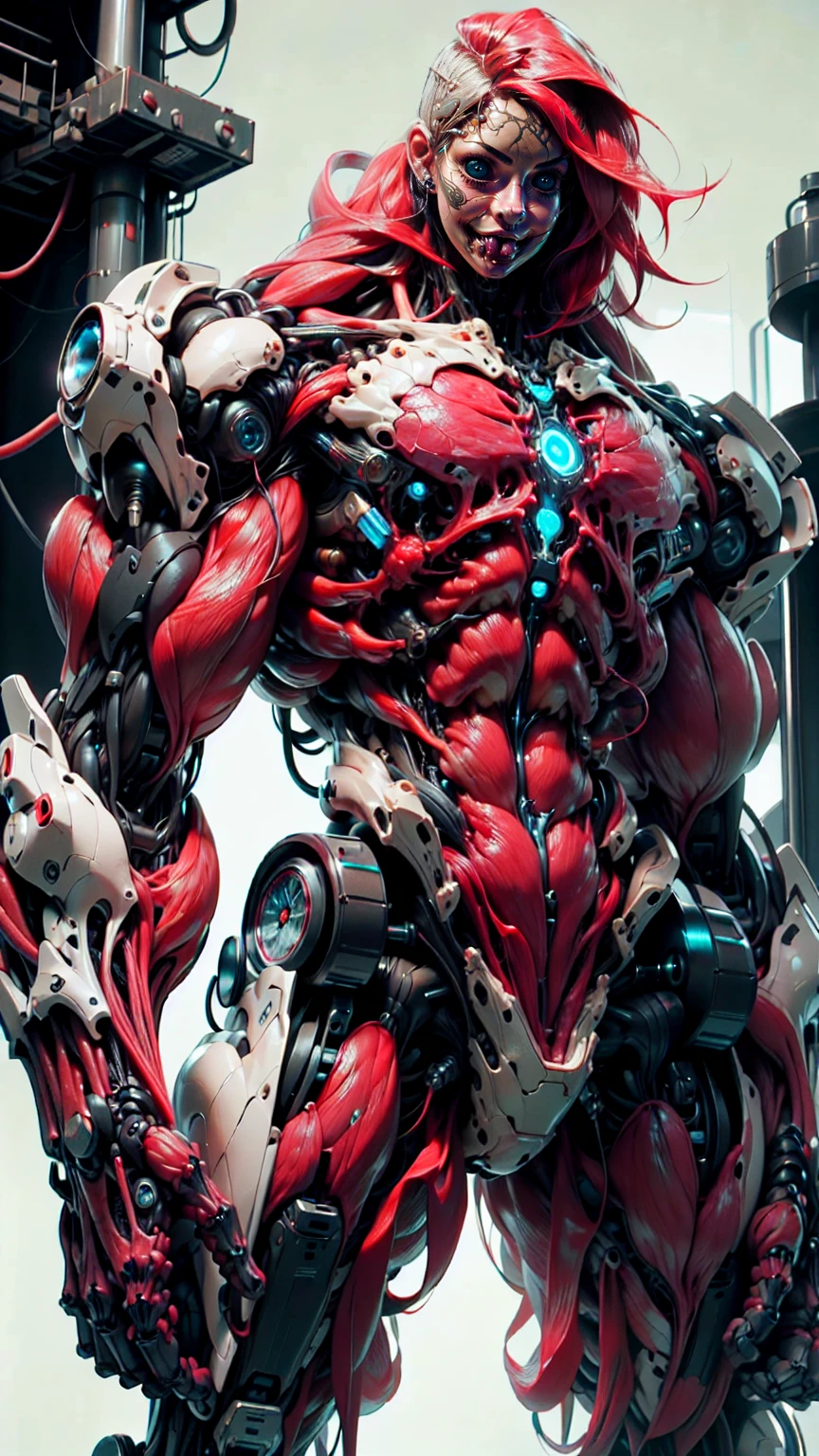 (1 girl), (megan fox:1.25), (muscular android girl wearing a red anatomic bio-mecha cybernetic muscle suit:1.25), (wide shoulders:1.25), (muscular defined physique:1.25), perfect hands, (long hair:1.25), looking at viewer, high resolution image, extreme detail, blank background