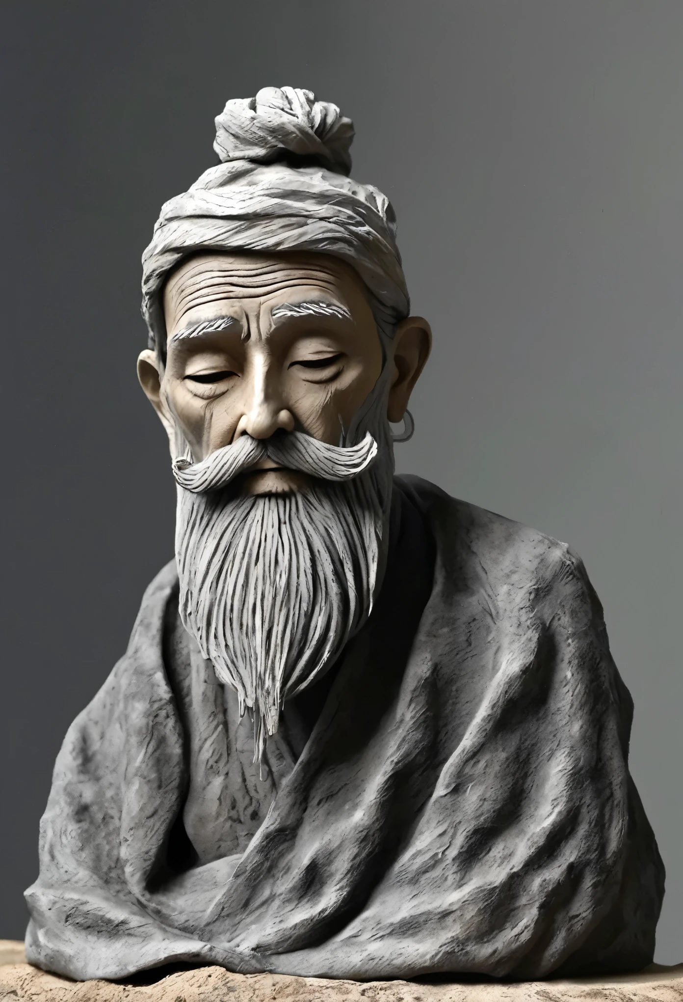 (best quality:1.2),ultra-light Clay, Clay, Pottery, Rough knitted texture, distressed, dirty, mineral pigments, 3D Clay sculpture art, Clay sculpture, Rough surface, (Lonely old man，Extra-long beard，Black Slope,Slope background,Gray background,cover up,Solitary,permanent)