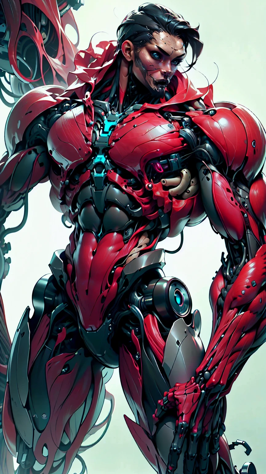 (1 girl), (megan fox:1.25), (muscular android girl wearing a red anatomic bio-mecha cybernetic muscle suit:1.25), (wide shoulders:1.25), (muscular defined physique:1.25), perfect hands, (long hair:1.25), looking at viewer, high resolution image, extreme detail, blank background