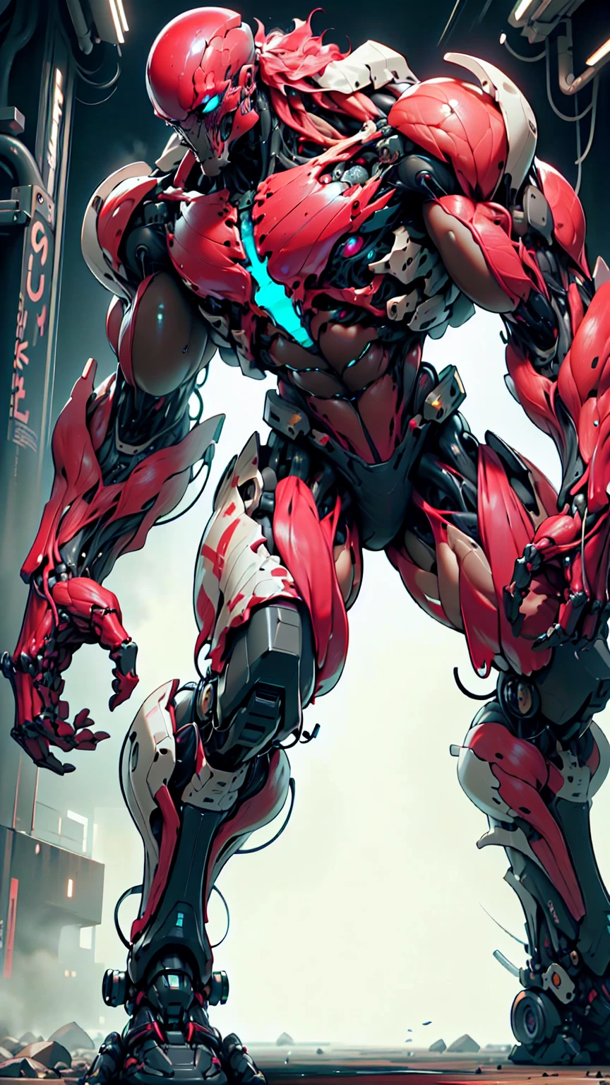 (1 girl), (megan fox:1.25), (muscular android girl wearing a red anatomic bio-mecha cybernetic muscle suit:1.25), (wide shoulders:1.25), (muscular defined physique:1.25), perfect hands, (long hair:1.25), looking at viewer, high resolution image, extreme detail, blank background