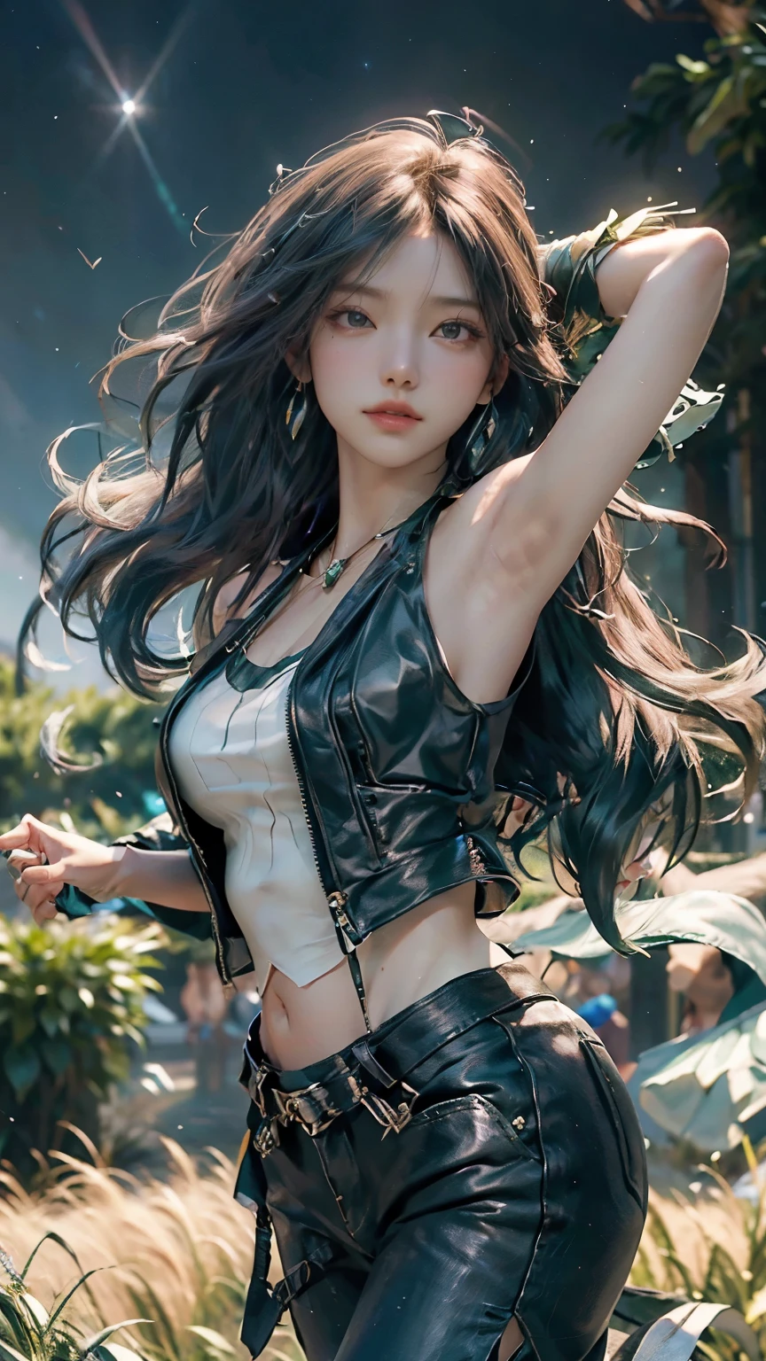 7rtifa, red eyes, low-tied long hair, earrings, white crop top, suspenders, pleated miniskirt, black thighhighs, arm guards, elbow gloves, fingerless gloves'