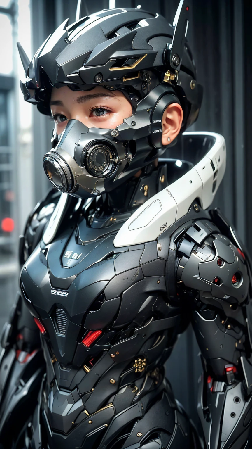 最high quality非常に詳細, Advanced Details, high quality, 最high quality, High resolution, 1080p, hard disk, beautiful,(War Machine),(headgear),See the big picture,beautifulサイボーグ女性,Mecha Cyborg Girl,Battle Mode,Mecha Body Girl　8k 　Elementary school girl　Sweaty face　Full body portrait　short hair　Gas mask with extended nozzle　boyish　Steam coming out of the head　My hair is wet with sweat　Black Hair