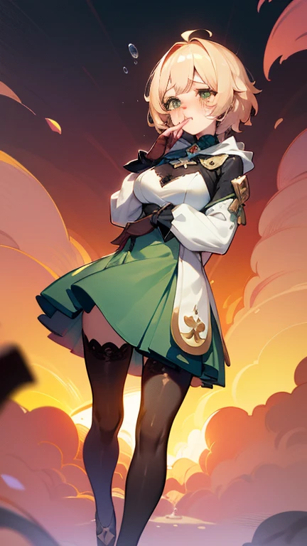 1 girl, solo, mature woman, medium hair, blonde hair, medium breasts. (((very exaggerated puffy cheeks))), (((very exaggerated pout))), mouth, full lips, closed mouth, blushing. eyes, crying, almond eyes, aquamarine eyes, tears. dress, white and green dress, pink jacket, open jacket, puff sleeves, long sleeve, hood. standing, legs apart, wide thighs, medium hips. stockings, black heels. High resolution image, 8k quality, intricate details, perfect illustration, genshin impact style, solo, seabed.