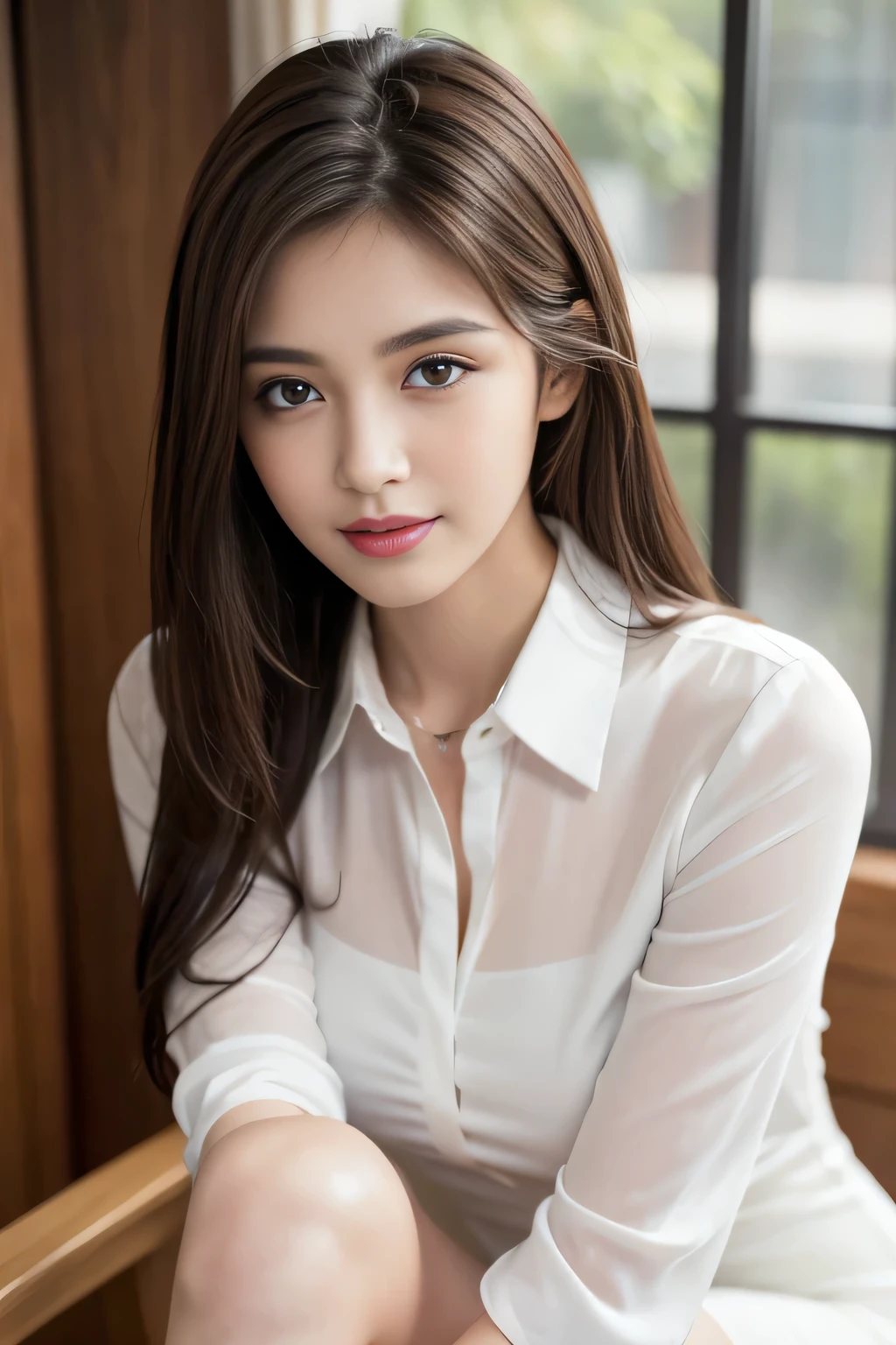 (RAW Photos), (Realistic), (masterpiece), (highest quality), High resolution, 8k, (Intricate details), (Volumetric Light), Portraiture, woman, Age 25, Medium Hair, Straight hair, Medium Chest, Layered Hair, Brown Hair, Very beautiful eyes, Source order, Very thin eyebrows, Very fine skin, Very beautiful mouth, Very nice nose, Cute like an idol, smile, (Thick lips), (Looking at the audience), (See-through pearl white collar dress shirt), Above the knee shot