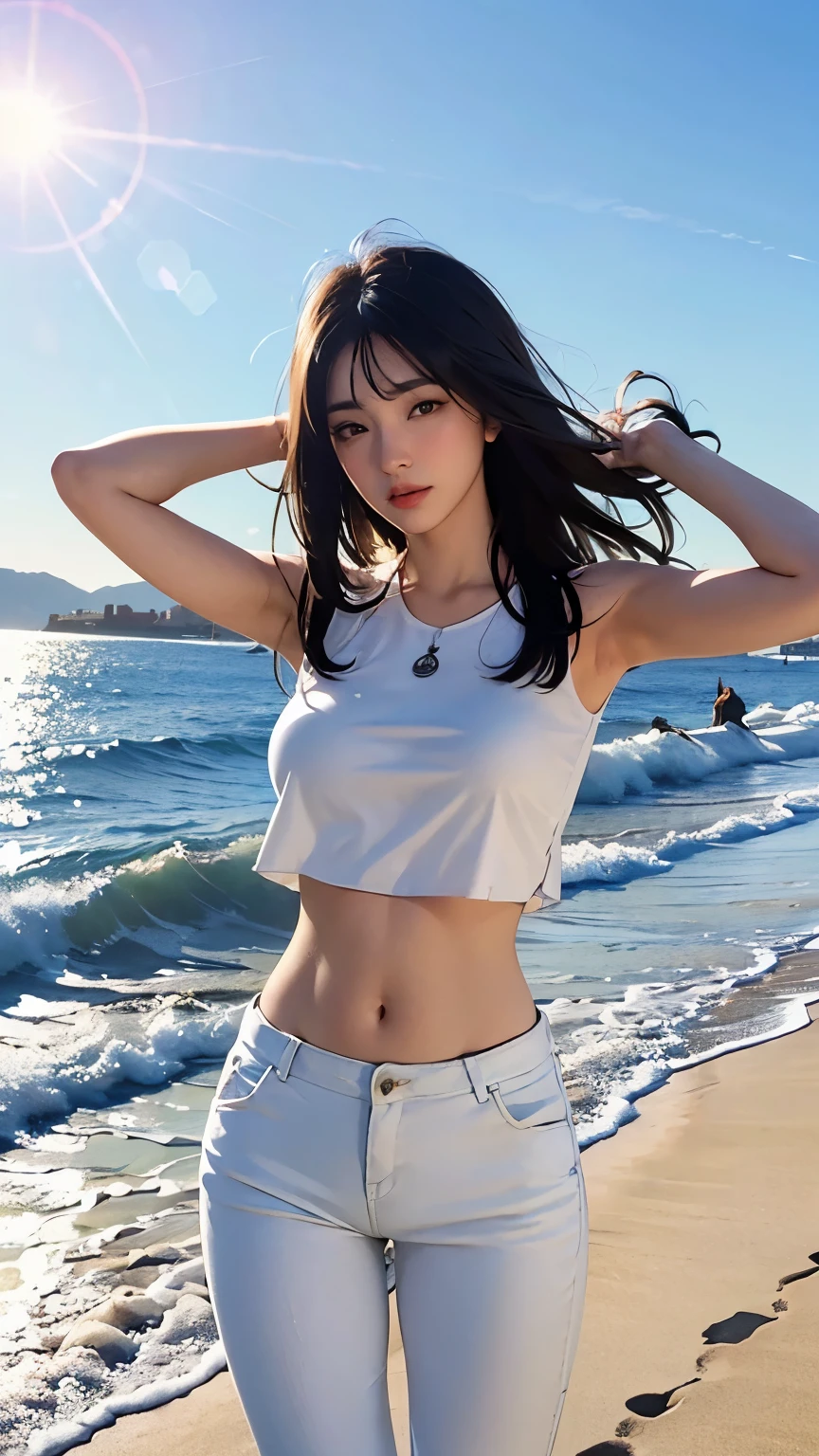 (logo、masterpiece、8k、Tabletop、RAW Photos、wonderful、最high quality、Photorealistic and Very detailed CG integrated 8k wallpaper、high quality、Very detailed、Narrative poem、Particle Effects、Dynamic Effects、Written boundary depth、Cinematic Light、Lens flare、Ray Tracing)、Fantasy、 (One beautiful woman、White pants、White T-shirt、White tube top、White crop top、Black-haired、Beautiful Face、True Face、Beautiful details、eye、Beautiful Skin、Ultimate Body、glamorous)、私の髪はWindに舞う、Hair flutters in Wind、Hair bounces、Seaside、wonderful景色、Coastal、sunrise、Sun in the background、Wind、Beach