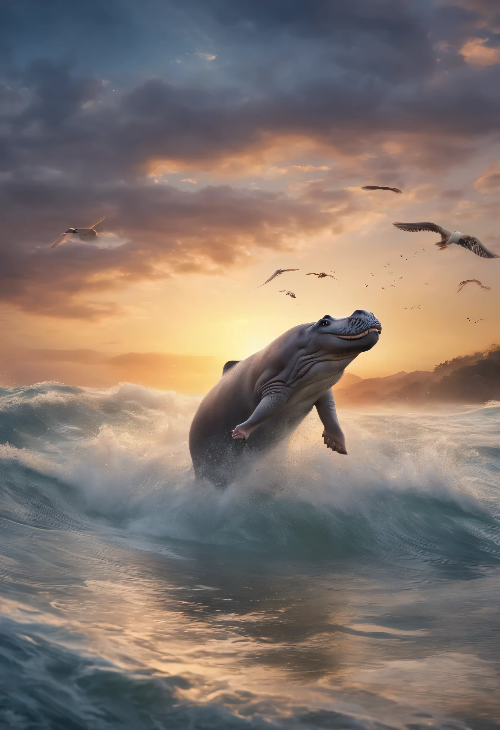 (best quality,4k,8k,highres,masterpiece:1.2),ultra-detailed,(realistic,photorealistic,photo-realistic:1.37),colorful,paisaje,hippopotamus soaring in the sea,serene ocean view,breathtaking sunset,glowing water reflections,soft sand,transparent waves,moody atmosphere,flying wings,dream-like composition,exquisite details,mesmerizing beauty,ethereal lighting,harmonious color palette,natural elements,immersive experience,enchanted vibes,surreal landscape,harmonious merging of land and sea,peaceful and tranquil ambiance,gentle breeze,twinkling stars,spectacular horizons,aesthetic spectacles,whimsical touches,magical allure,wondrous nature,sublime scenery,tranquilizing rhythm,serenity and tranquility,dynamic movement,captivating ambience,majestic grandeur,seamless blending of elements,artistic masterpiece.