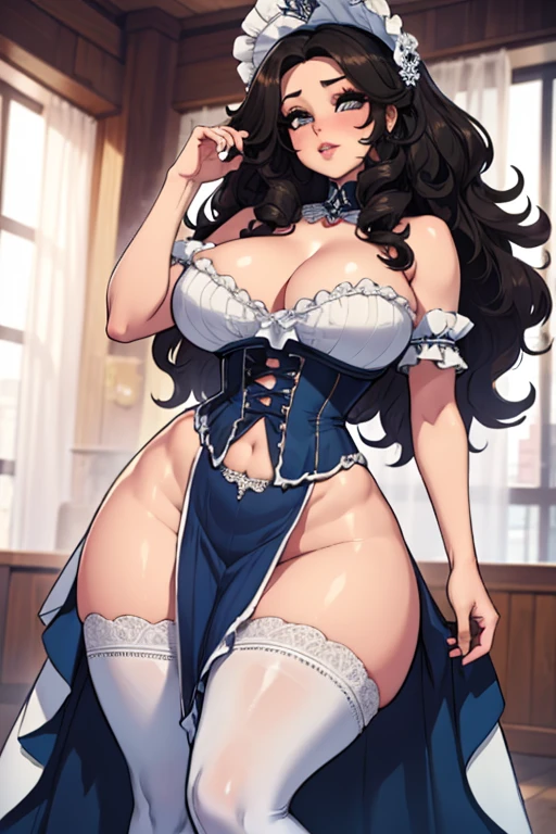 Lusty adorable Colombian bride, slutty wedding dress, fit and extra curvy, full pouty lips, huge hanging breasts, tiny toned waist, extra wide hips (waist-to-hip ratio of 1:1.7), wide thigh gap, thick thighs, huge jiggly ass, heavy makeup, thick curly hair. Show her arching her back to show off her absolutely massive fit natural ass.