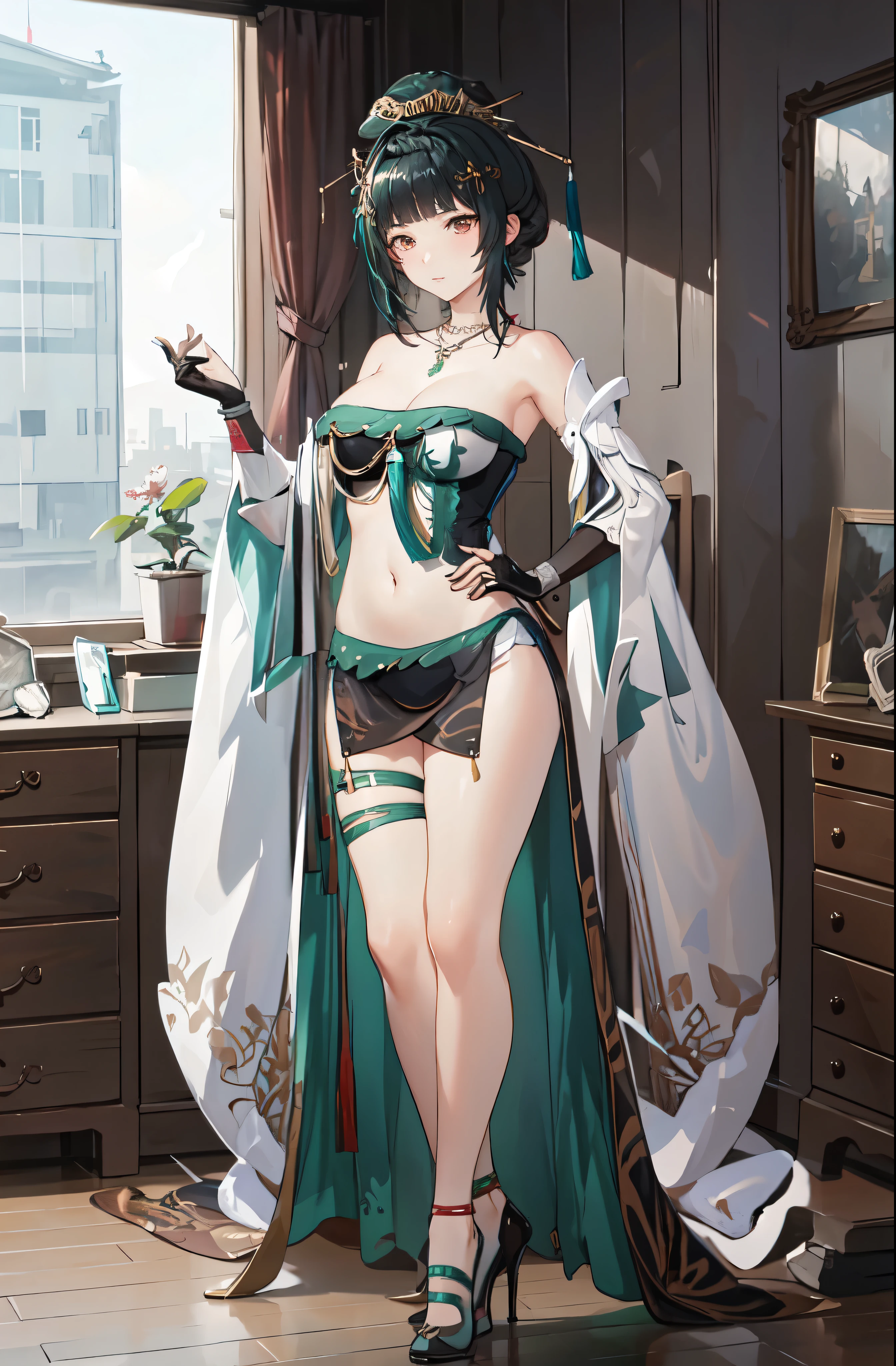 masterpiece, best quality BREAK solo, china dress, highres, 1girl, standing, (large breasts), mature female, hanying, Full body drawing, (masterpiece), (best quality), (hyperdetail), (illustration), ((extremely delicate and beautiful)), (detailed light), (prefect's body), full body drawing, Hanying, HanYing, sexy, sexy belly, sexy belly line, sexy belly button