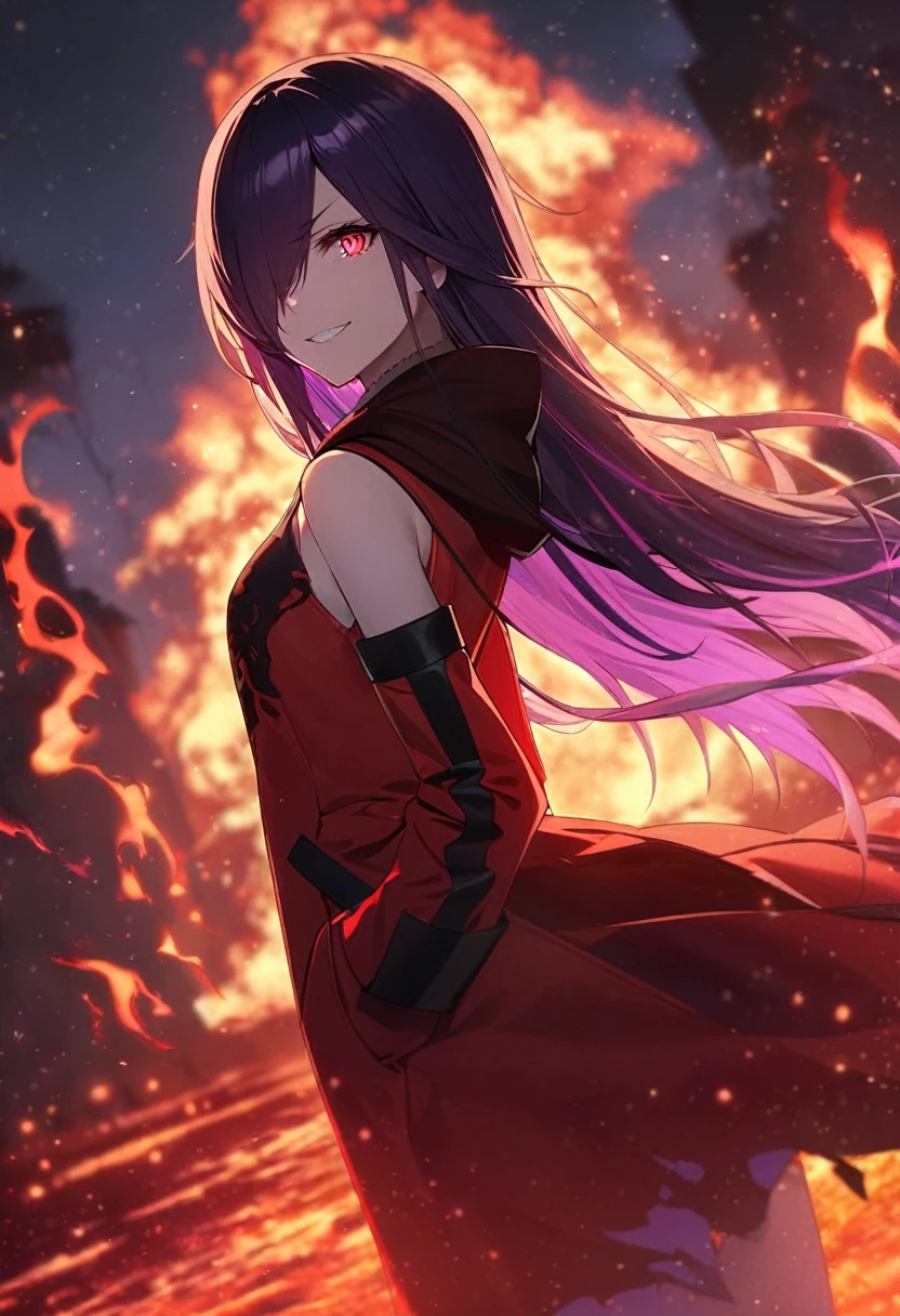 (masterpiece, detailed eyes, dutch angle, high quality:1.2), (dark seele), 1girl, solo, long hair, looking at viewer, red eyes, dress, bare shoulders, purple eyes, purple hair, red hair, detached sleeves, red dress, fire, red theme, evil pose, outdoors, horizon sunset, detailed body, circular particles, fire in background, full medium shot, dutch angle, hood, hair over one eye, grin, evil grin, coat, red coat, green clothes, hoodie, fire, hand in pocket, hand in fire, fire aura, hell, surrounded by fire, fire particles, black background, full medium shot, (hd wallpaper, detailed, sunset:1.1) 