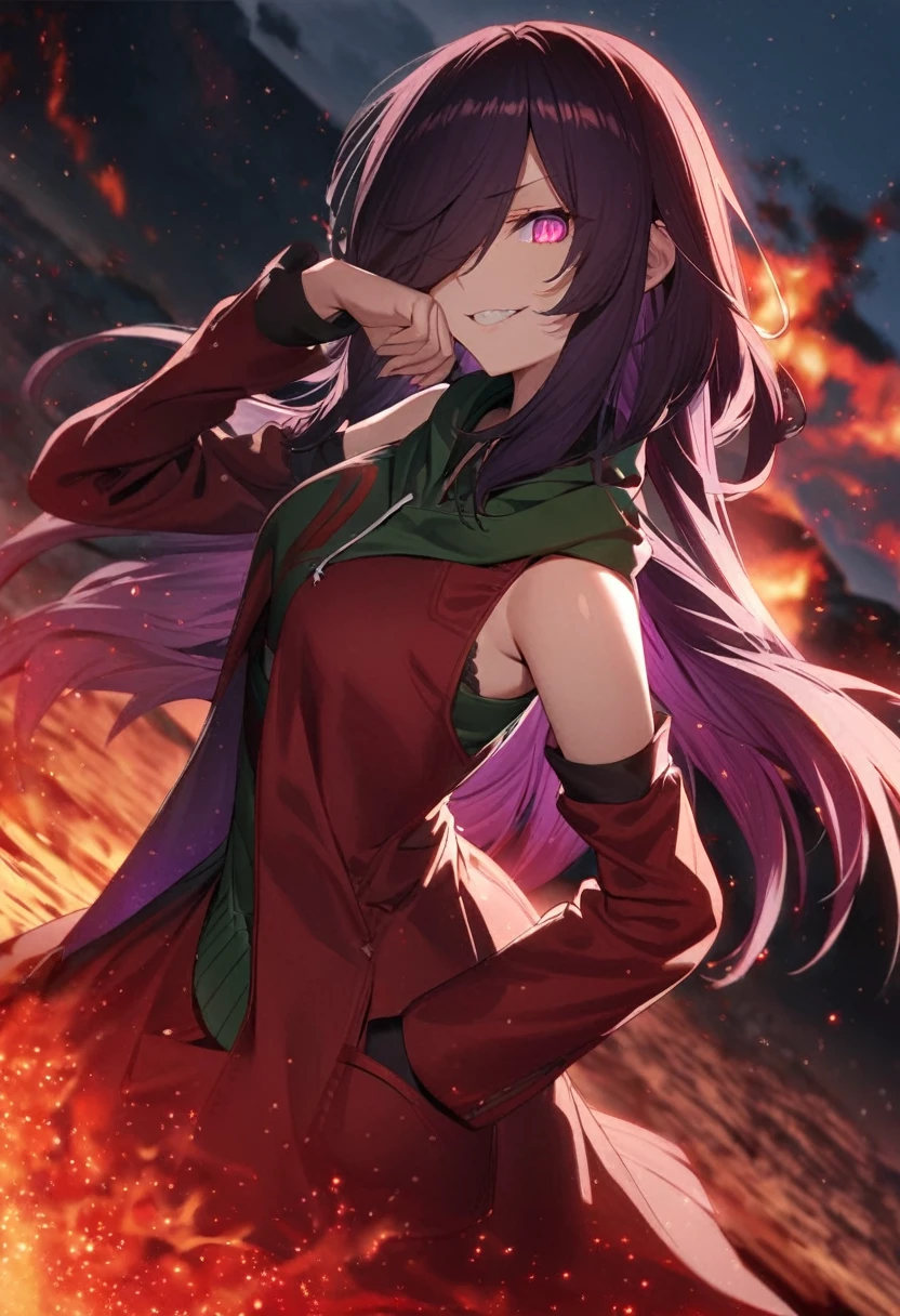 (masterpiece, detailed eyes, dutch angle, high quality:1.2), (dark seele), 1girl, solo, long hair, looking at viewer, red eyes, dress, bare shoulders, purple eyes, purple hair, red hair, detached sleeves, red dress, fire, red theme, evil pose, outdoors, horizon sunset, detailed body, circular particles, fire in background, full medium shot, dutch angle, hood, hair over one eye, grin, evil grin, coat, red coat, green clothes, hoodie, fire, hand in pocket, hand in fire, fire aura, hell, surrounded by fire, fire particles, black background, full medium shot, (hd wallpaper, detailed, sunset:1.1) 