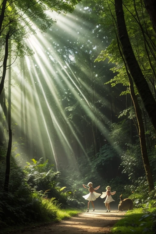 Rays of light in forest, cute creatures play, fairies dance