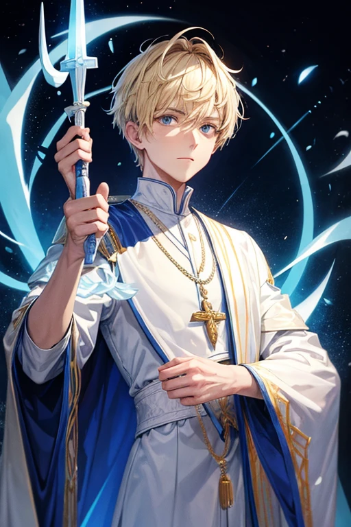 man with short blonde hair in white clergy clothes with blue religious symbols holding a magic staff