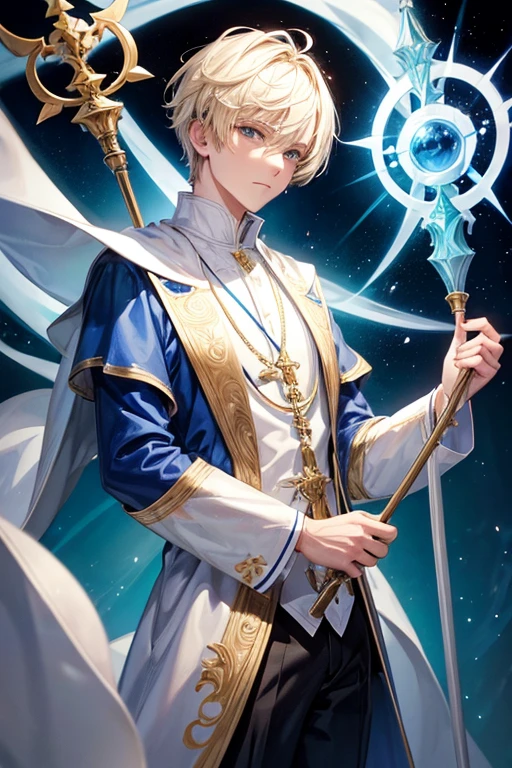 man with short blonde hair in white clergy clothes with blue religious symbols holding a magic staff