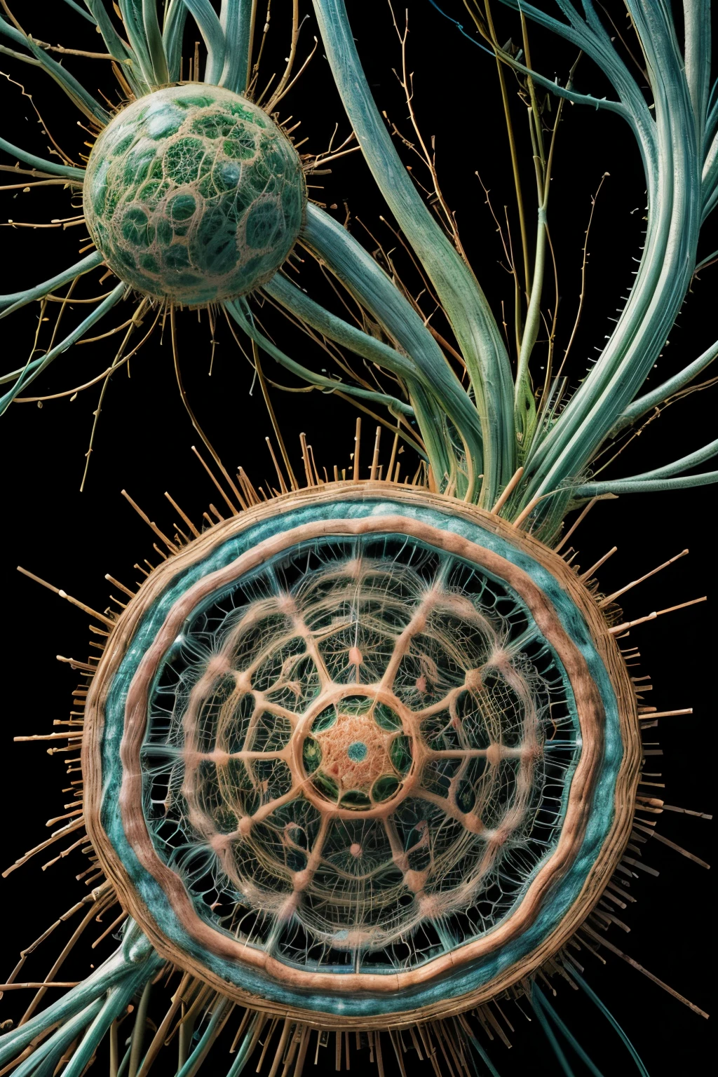 A magnified image of a biological cell, showing its intricate structure and organelles, highlighting the complexity of living organisms. --ar 16:9