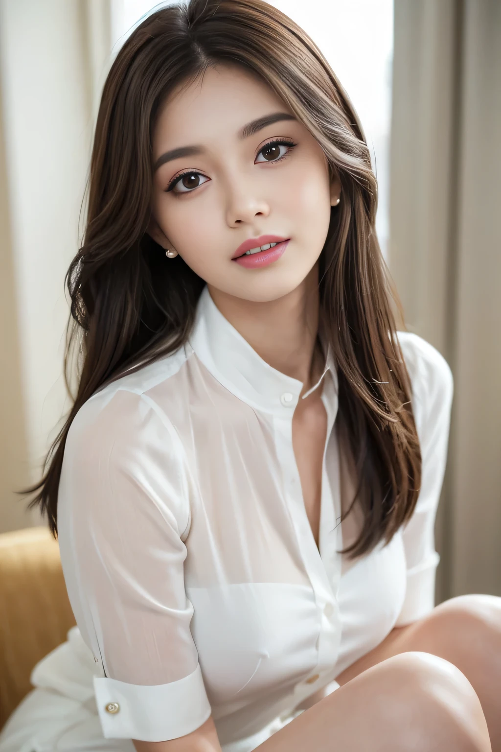 (RAW Photos), (Realistic), (masterpiece), (highest quality), High resolution, 8k, (Intricate details), (Volumetric Light), Portraiture, woman, Age 25, Medium Hair, Straight hair, Medium Chest, Layered Hair, Brown Hair, Very beautiful eyes, Source order, Very thin eyebrows, Very fine skin, Very beautiful mouth, Very nice nose, Cute like an idol, smile, (Thick lips), (Looking at the audience), (See-through pearl white collar dress shirt), Above the knee shot