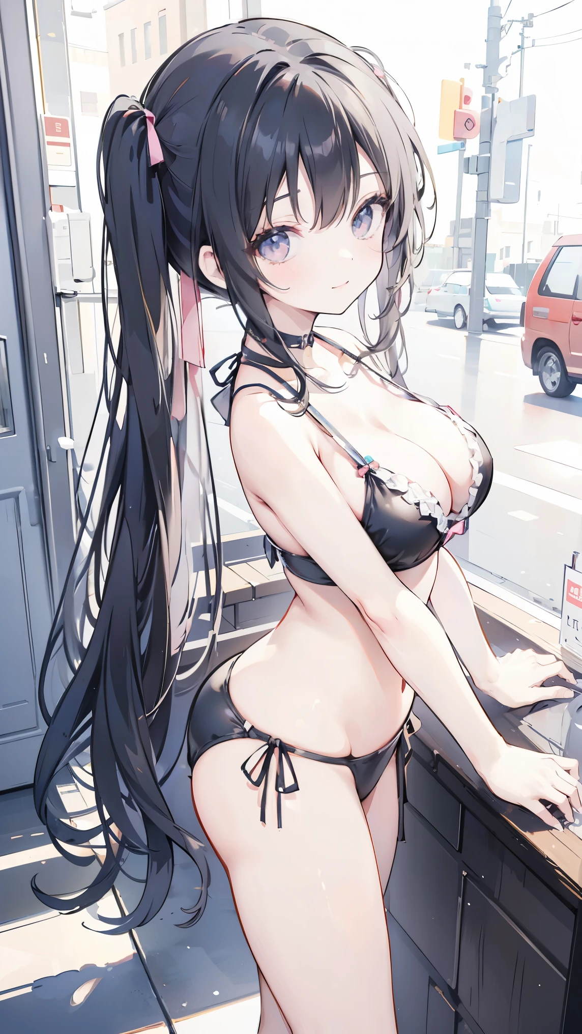 masterpiece,anime style,chibi,sexy girl,black hair,shoulder length hair with two pigtails,bikini,smiling,larger breasts,waiting on the right side of the image,showing cleavage,full body,standing,