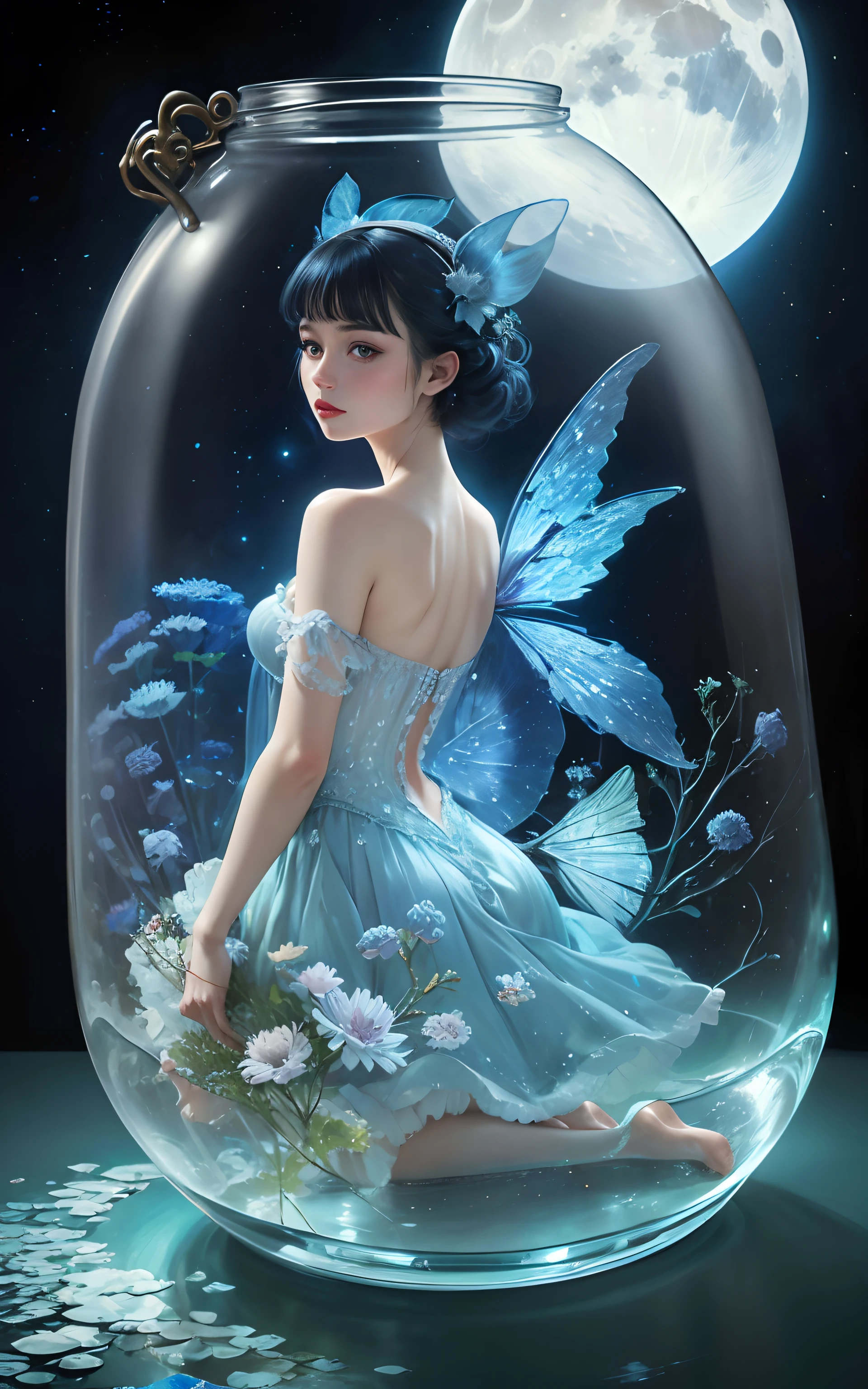 lua fairy, isometric photo inside a glass jar looking out, gossamer, blue chrysanthemum, night time, poeira estelar. conto de fadas, rococopunk, delicate studio artist model. melhor qualidade, painting oil on canvas. Coby Whitmore, Ray Caesar, Lichtenstein, Fragonard, Van Gogh. Surrealismo. Lua de retrato luminoso requintadamente detalhado. lua, nuvens, Ondas, oceano, Brilho, bioluminescence. 18th century masterpiece, Ilustra??o de moda da Vogue, bordado delicado. perfect red lips, rosto perfeito, rosto delicado, olhos perfeitos, Alunos detalhados. Por Maia