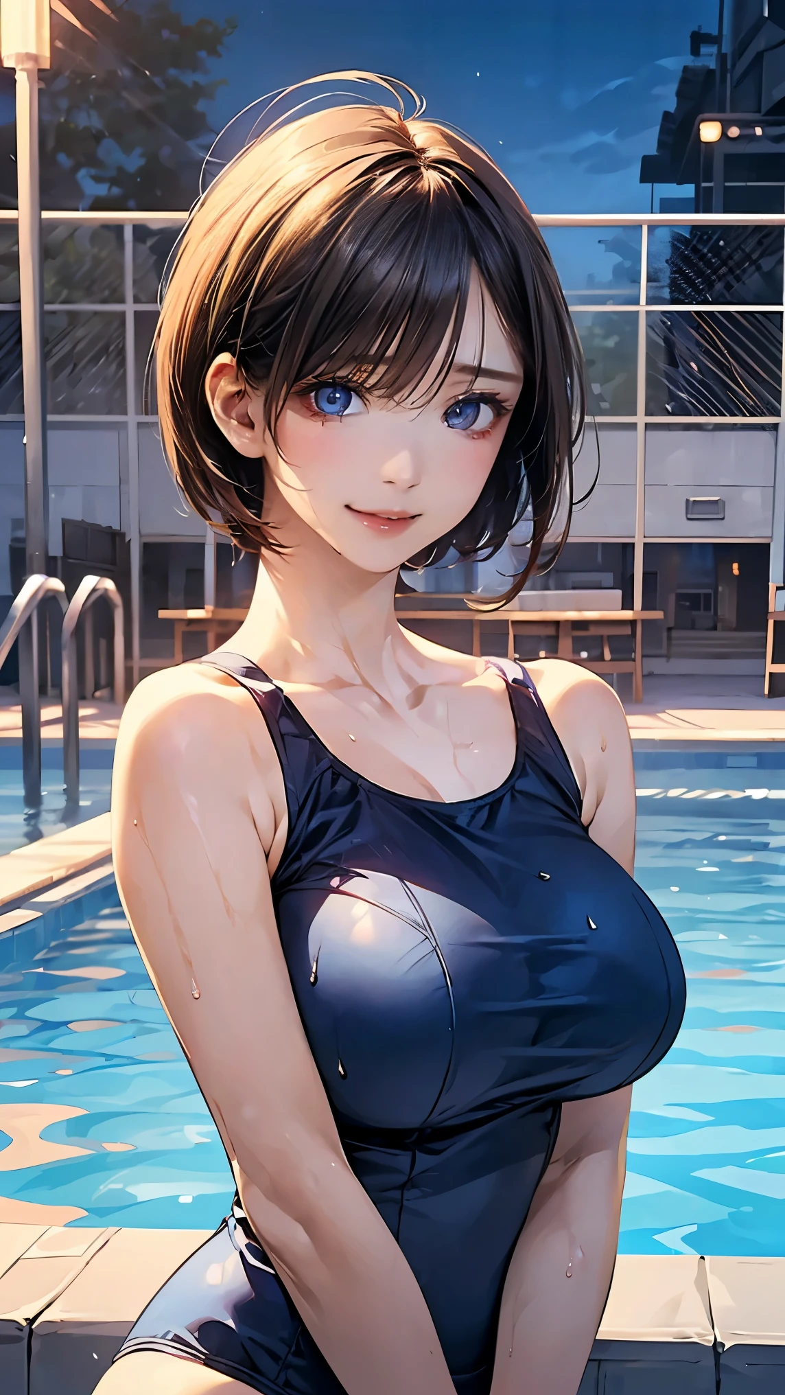 (masterpiece:1.2, highest quality), (Realistic, photoRealistic:1.4), Beautiful illustrations, (Natural Side Lighting, Cinema Lighting),
Looking at the audience, Upper Body, (Front view), 1 girl, Japanese, high school girl, Perfect Face, Symmetrical cute face, Shiny skin, Baby Face,
(short hair:1.5, Pixie Cut:1.4), Tie your bangs back, Red eyes, Long eyelashes, (huge Breasts),
Beautiful Hair, Beautiful Face, Fine and beautiful eyes, Beautiful clavicle, Beautiful body, Beautiful breasts, Beautiful thighs, Beautiful legs, Beautiful fingers,
(School Swimsuit), wet body,
(Beautiful views), night Pool, (Cute Smile, Upper Eye), nsfw,