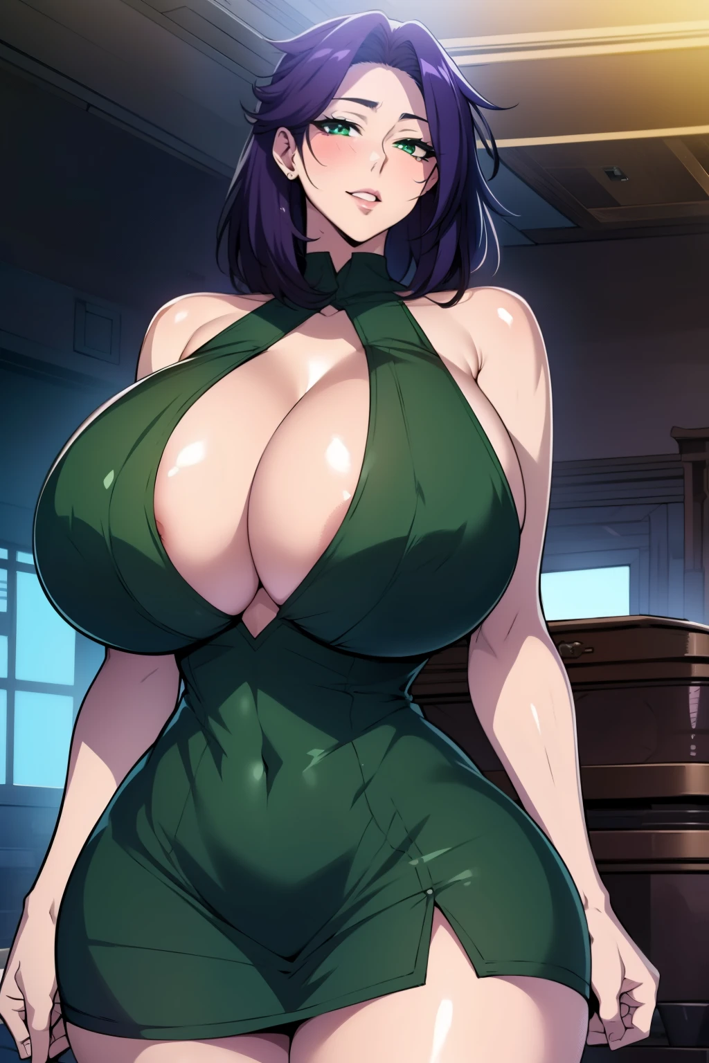 An anime-style artwork depicting lieri bishop
Tags: pbLieri, anime, detailed eyes, detailed lips, ass, (purple hair), green eyes, (minidress), bare shoulders, curvy, thighs, higheels, shiny clothes, skin tight, short hair, solo, huge breasts, smiling expression, intense gaze, dynamic pose, indoor, palace, vibrant colors, digital art, high-resolution, professional quality, gigantic breasts, cleavage, curvy, cowboy shot, (gigantic breasts: 1.4)