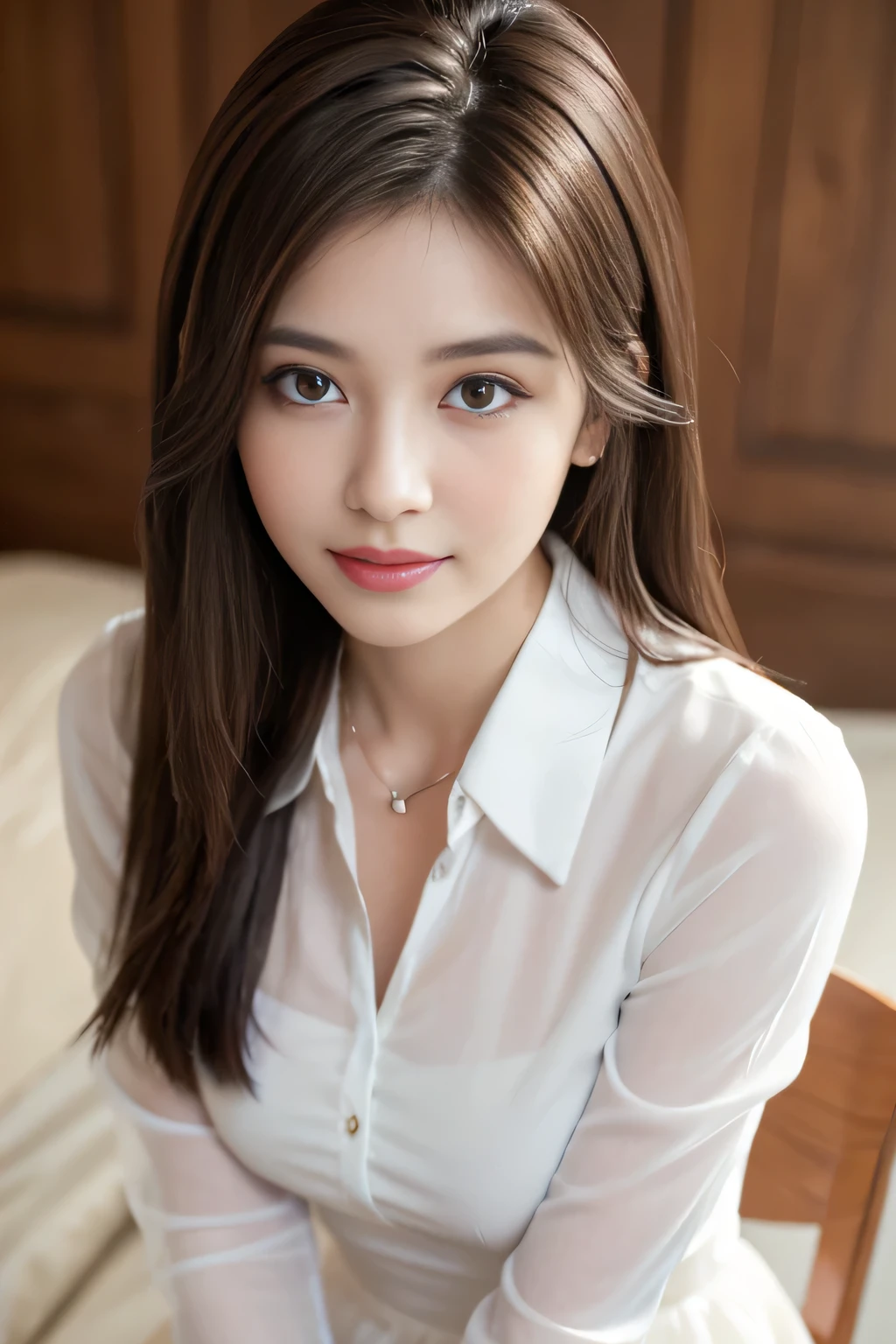 (RAW Photos), (Realistic), (masterpiece), (highest quality), High resolution, 8k, (Intricate details), (Volumetric Light), Portraiture, woman, Age 25, Medium Hair, Straight hair, Medium Chest, Layered Hair, Brown Hair, Very beautiful eyes, Source order, Very thin eyebrows, Very fine skin, Very beautiful mouth, Very nice nose, Cute like an idol, smile, (Thick lips), (Looking at the audience), (See-through pearl white collar dress shirt), Above the knee shot