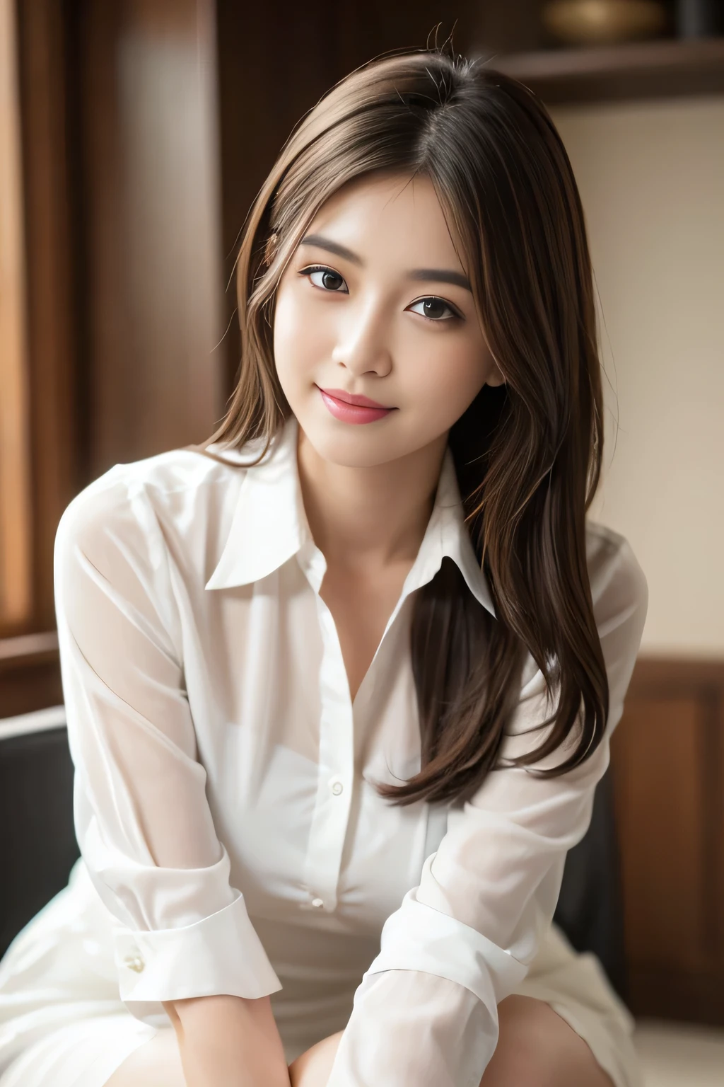 (RAW Photos), (Realistic), (masterpiece), (highest quality), High resolution, 8k, (Intricate details), (Volumetric Light), Portraiture, woman, Age 25, Medium Hair, Straight hair, Medium Chest, Layered Hair, Brown Hair, Very beautiful eyes, Source order, Very thin eyebrows, Very fine skin, Very beautiful mouth, Very nice nose, Cute like an idol, smile, (Thick lips), (Looking at the audience), (See-through pearl white collar dress shirt), Above the knee shot