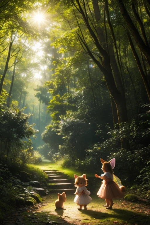 Forest setting, cute little animal creatures play, fairies dance, gorgeous light, twinkle, sparkle, shine
