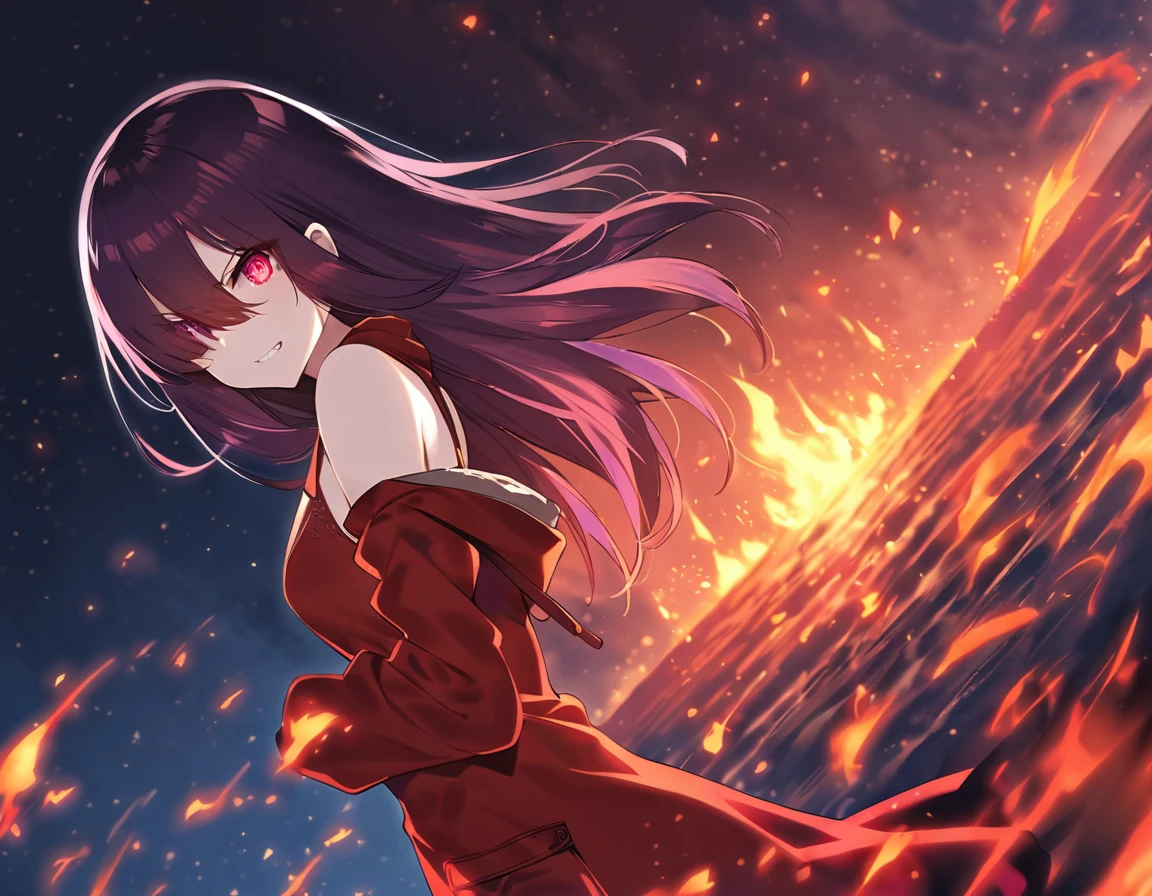 (masterpiece, detailed eyes, dutch angle, high quality:1.2), (dark seele), 1girl, solo, long hair, looking at viewer, red eyes, dress, bare shoulders, purple eyes, purple hair, red hair, detached sleeves, red dress, fire, red theme, evil pose, outdoors, horizon sunset, detailed body, circular particles, fire in background, full medium shot, dutch angle, hood, hair over one eye, grin, evil grin, coat, red coat, green clothes, hoodie, fire, hand in pocket, hand in fire, fire aura, hell, surrounded by fire, fire particles, black background, full medium shot, (hd wallpaper, detailed, sunset:1.1)