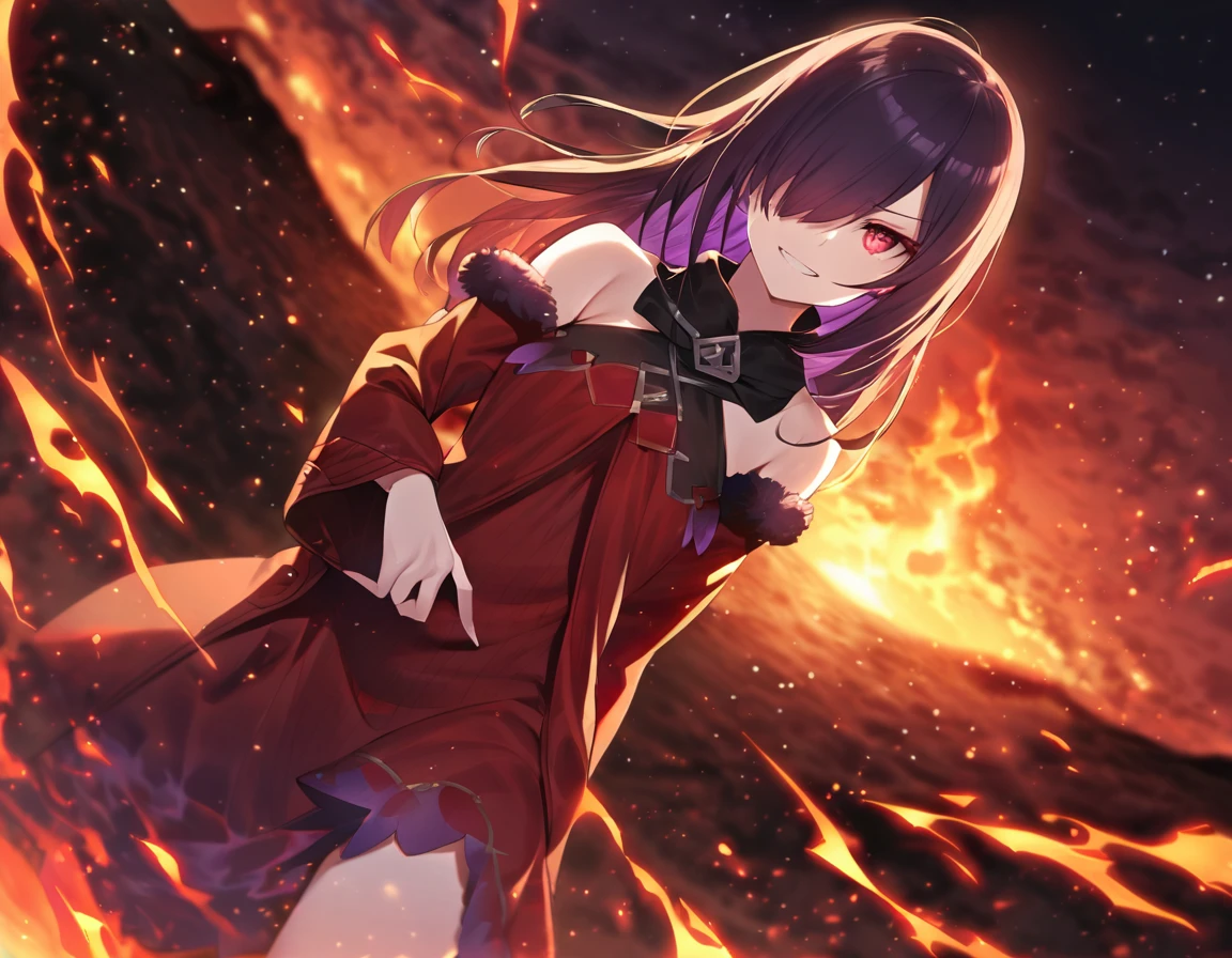 (masterpiece, detailed eyes, dutch angle, high quality:1.2), (dark seele), 1girl, solo, long hair, looking at viewer, red eyes, dress, bare shoulders, purple eyes, purple hair, red hair, detached sleeves, red dress, fire, red theme, evil pose, outdoors, horizon sunset, detailed body, circular particles, fire in background, full medium shot, dutch angle, hood, hair over one eye, grin, evil grin, coat, red coat, green clothes, hoodie, fire, hand in pocket, hand in fire, fire aura, hell, surrounded by fire, fire particles, black background, full medium shot, (hd wallpaper, detailed, sunset:1.1)